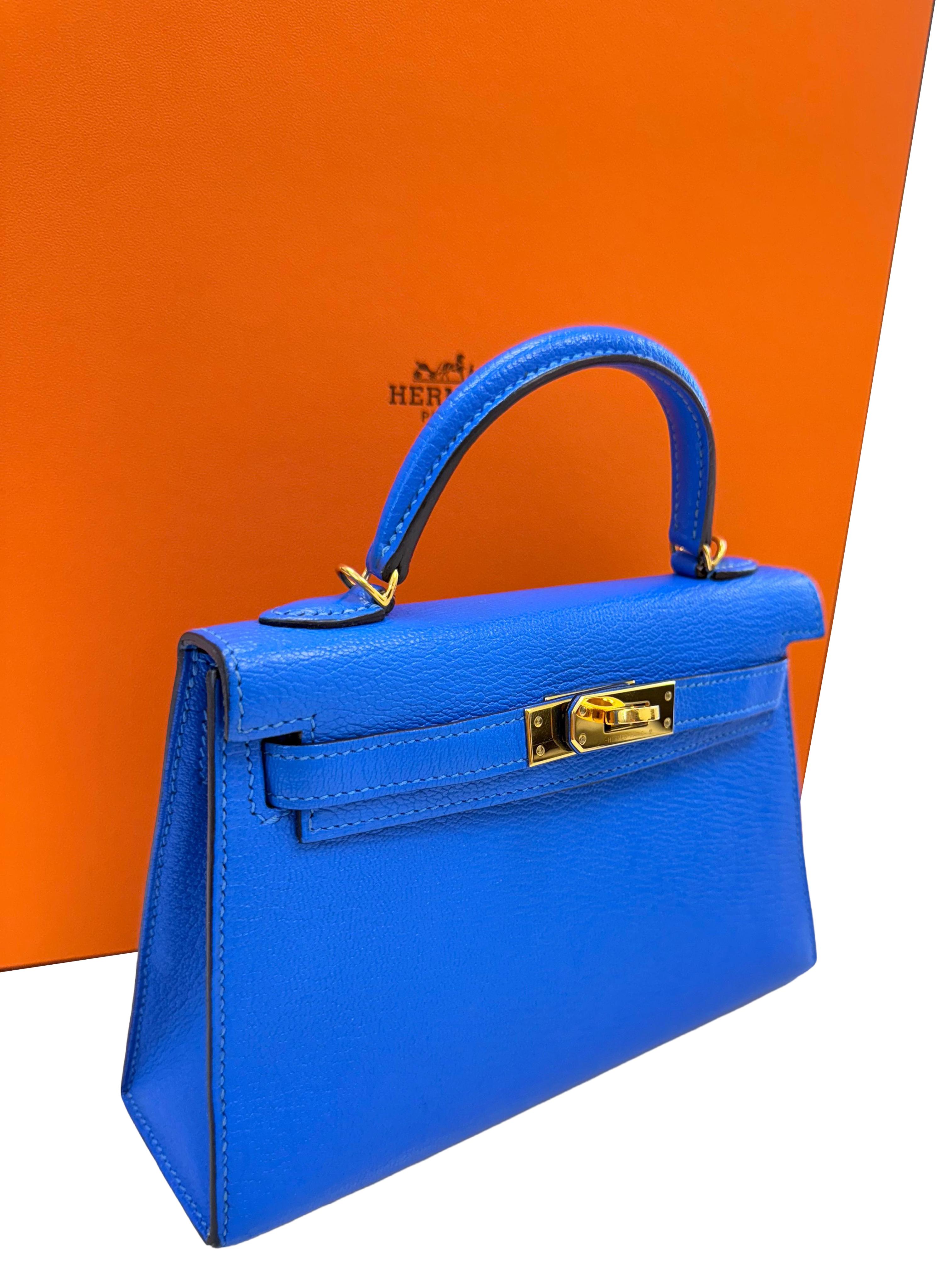 Hermes Mini Kelly 20 Blau Hydra Chèvre Leder Gold Hardware Handtasche im Angebot 8