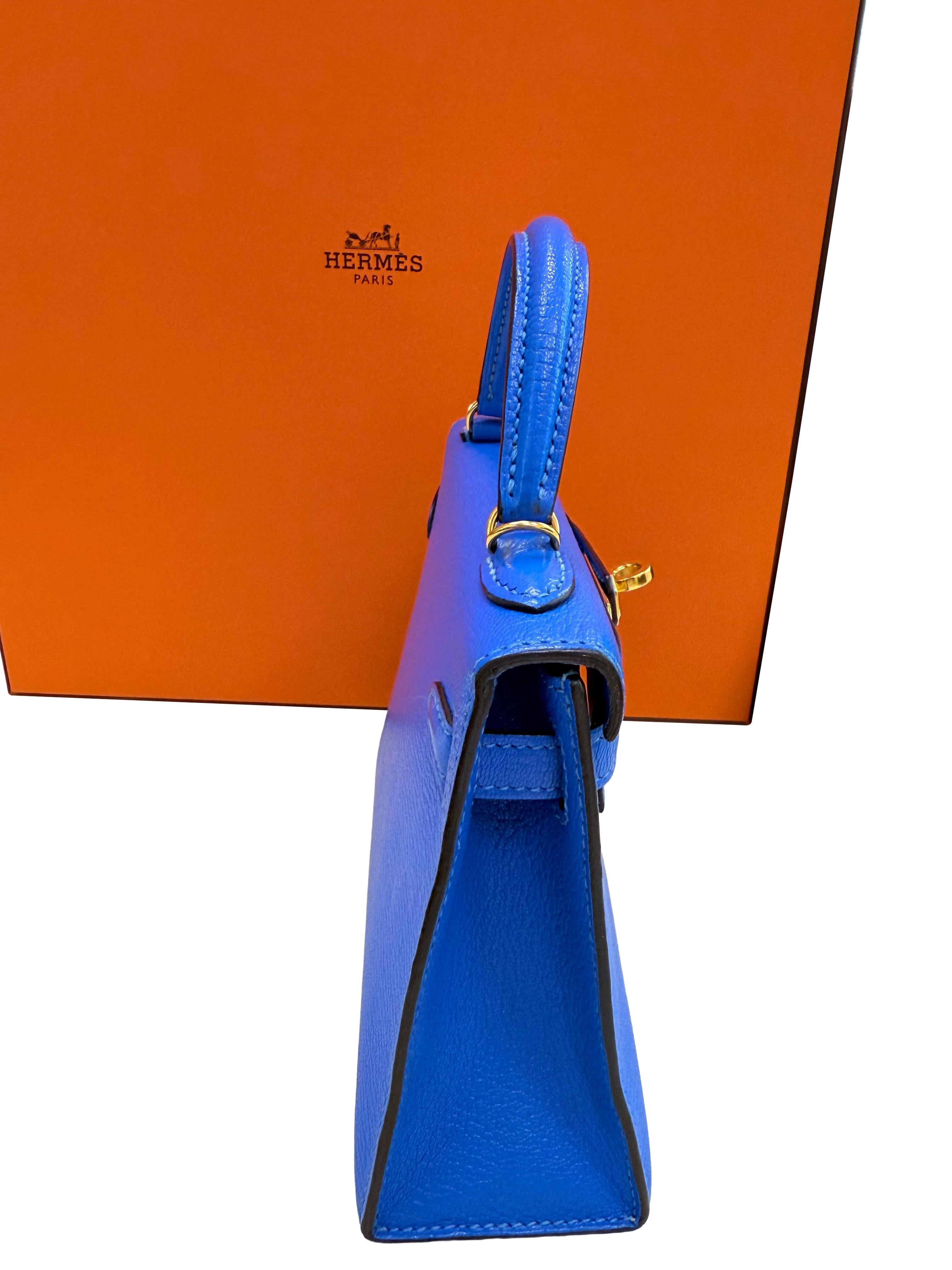 Hermes Mini Kelly 20 Blau Hydra Chèvre Leder Gold Hardware Handtasche im Angebot 9