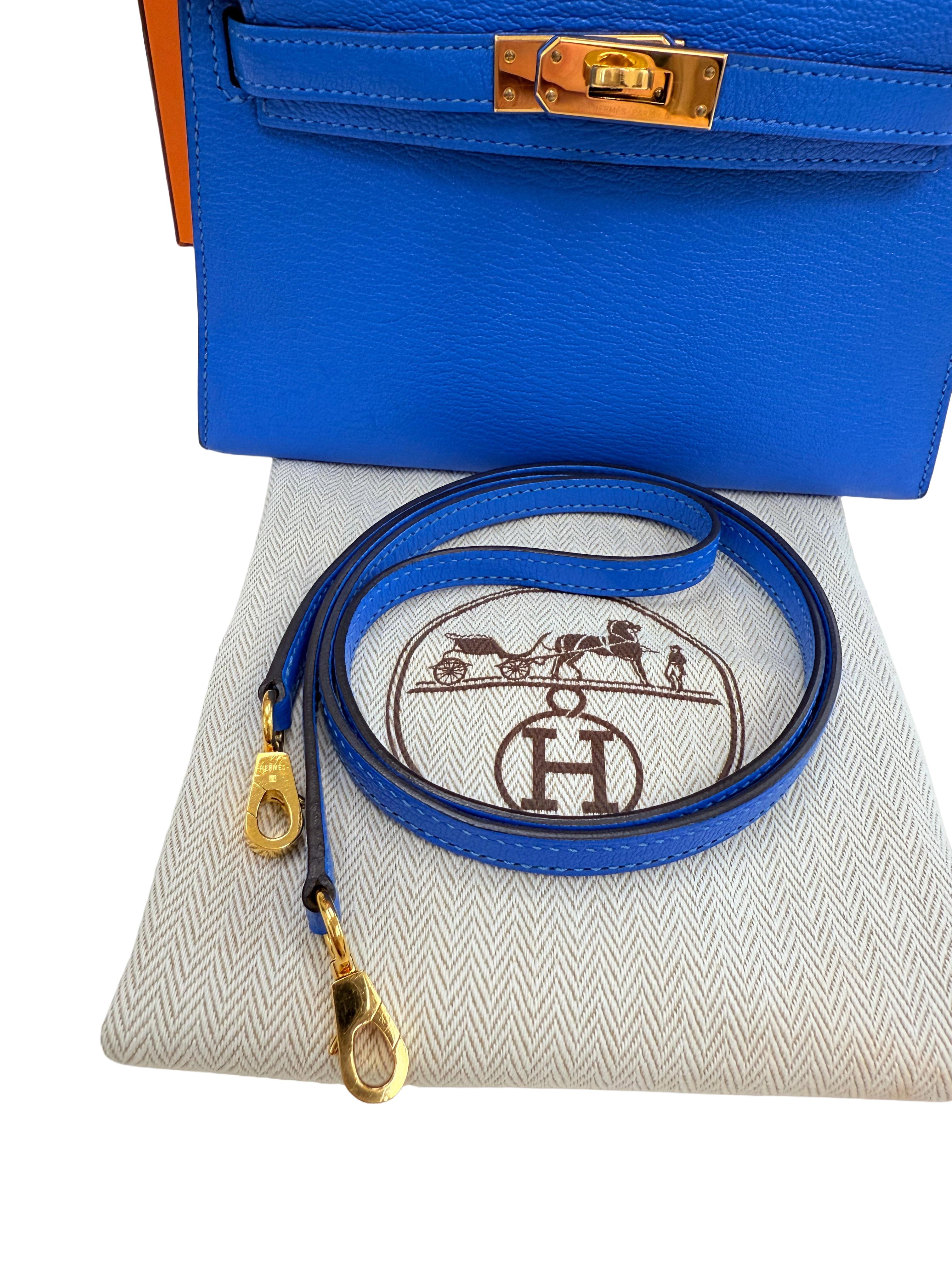Hermes Mini Kelly 20 Blau Hydra Chèvre Leder Gold Hardware Handtasche im Angebot 5