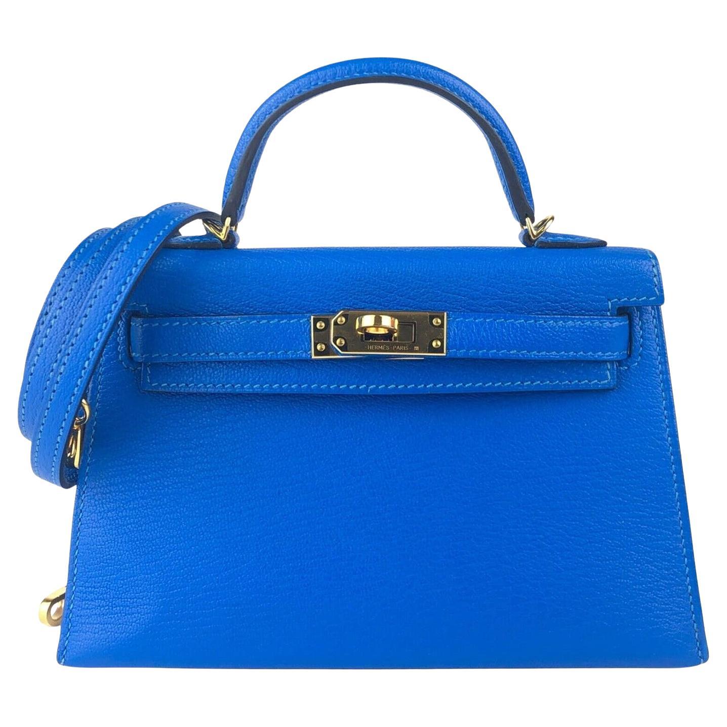 Hermes Mini Kelly 20 Blau Hydra Chèvre Leder Gold Hardware Handtasche im Angebot
