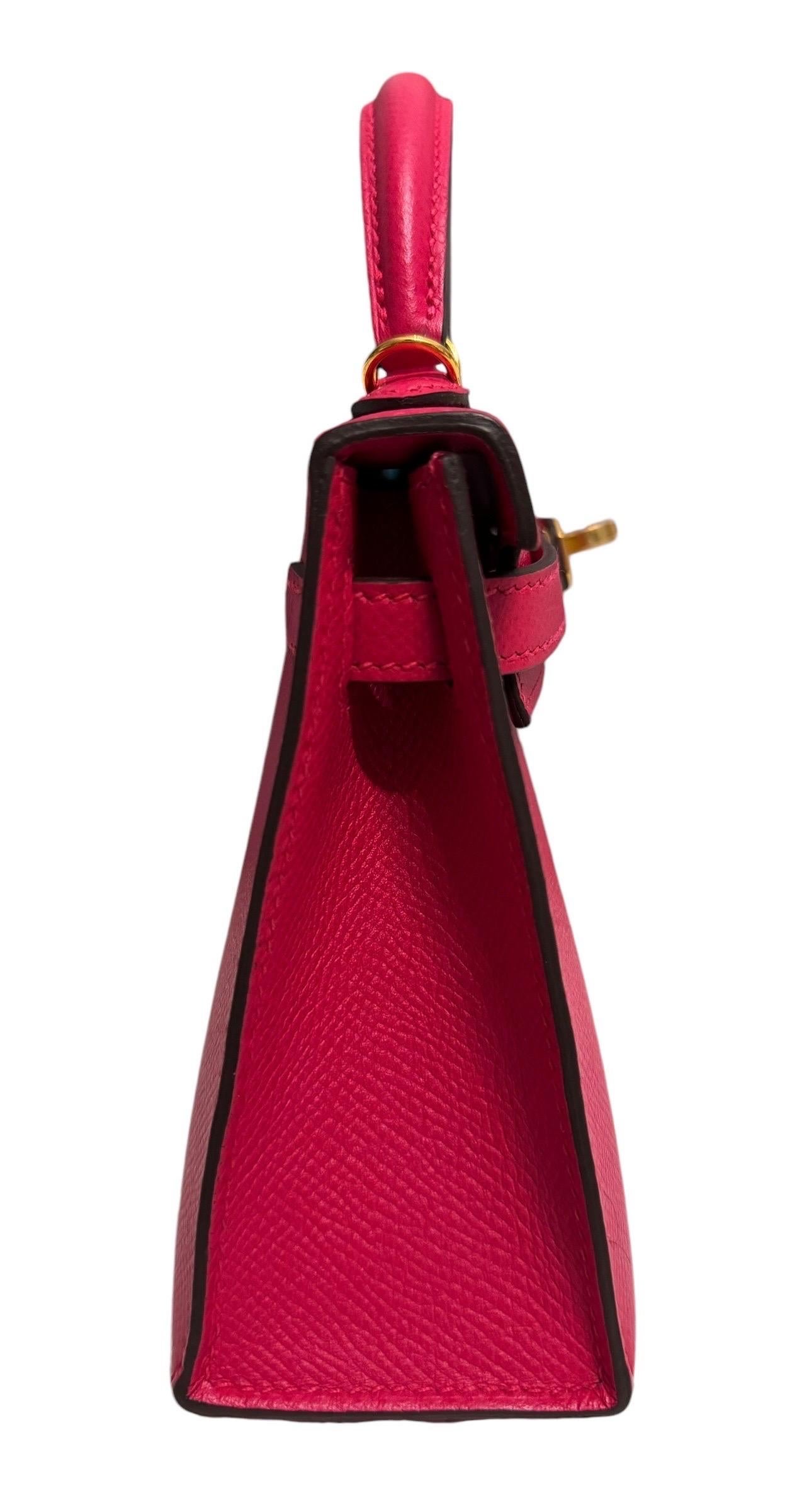 Red Hermes Mini Kelly 20 Rose Extreme Epsom Leather Complimented by Gold hardware