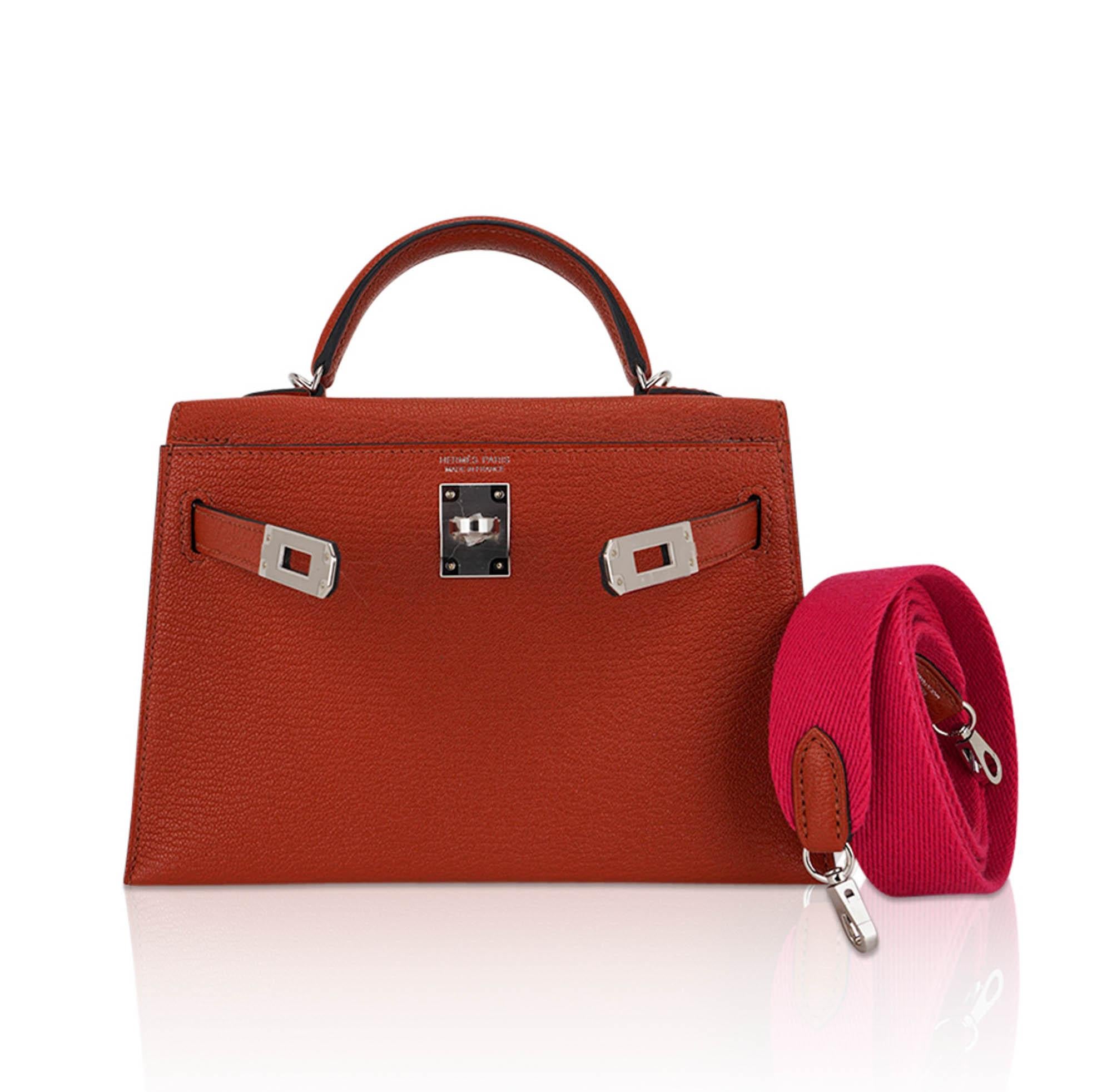 Rouge Hermes Mini Kelly 20 Sellier Bag Cuivre avec Rose Mexico Toile Strap en vente