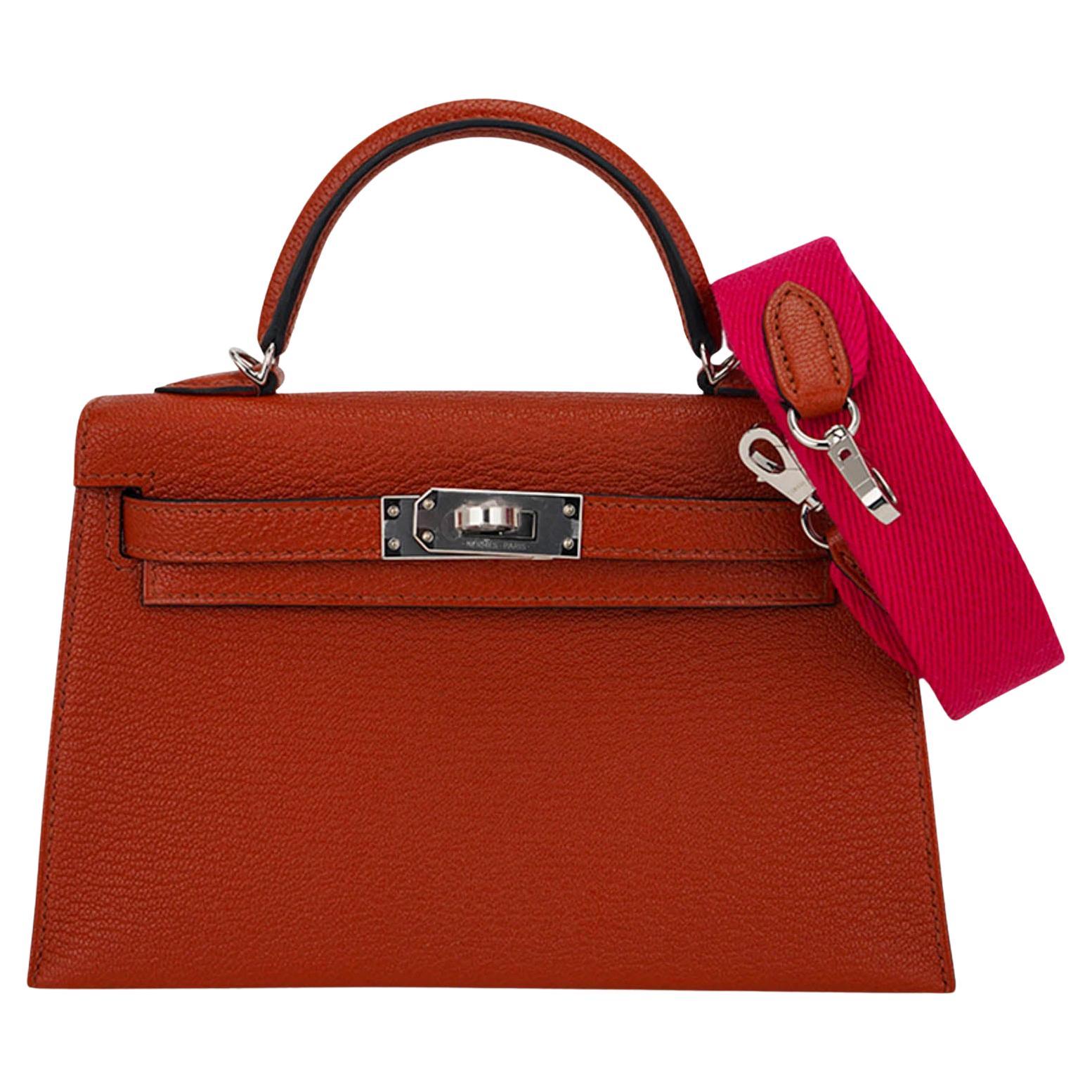 Hermes Mini Kelly 20 Sellier Bag Cuivre with Rose Mexico Toile Strap For Sale