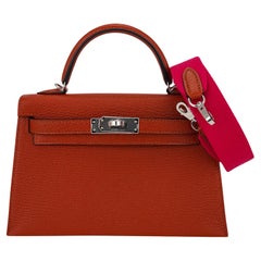 Hermes Mini Kelly 20 Sellier Bag Cuivre with Rose Mexico Toile Strap