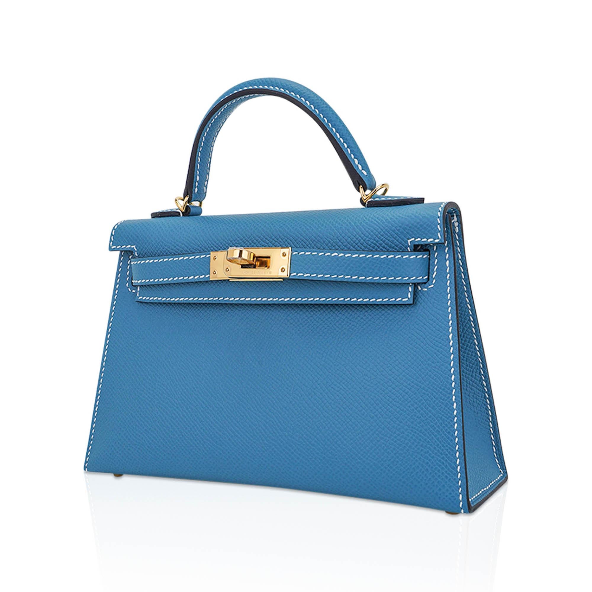 Women's Hermes Mini Kelly 20 Sellier New Blue Jean Bag Epsom Leather Gold Hardware For Sale