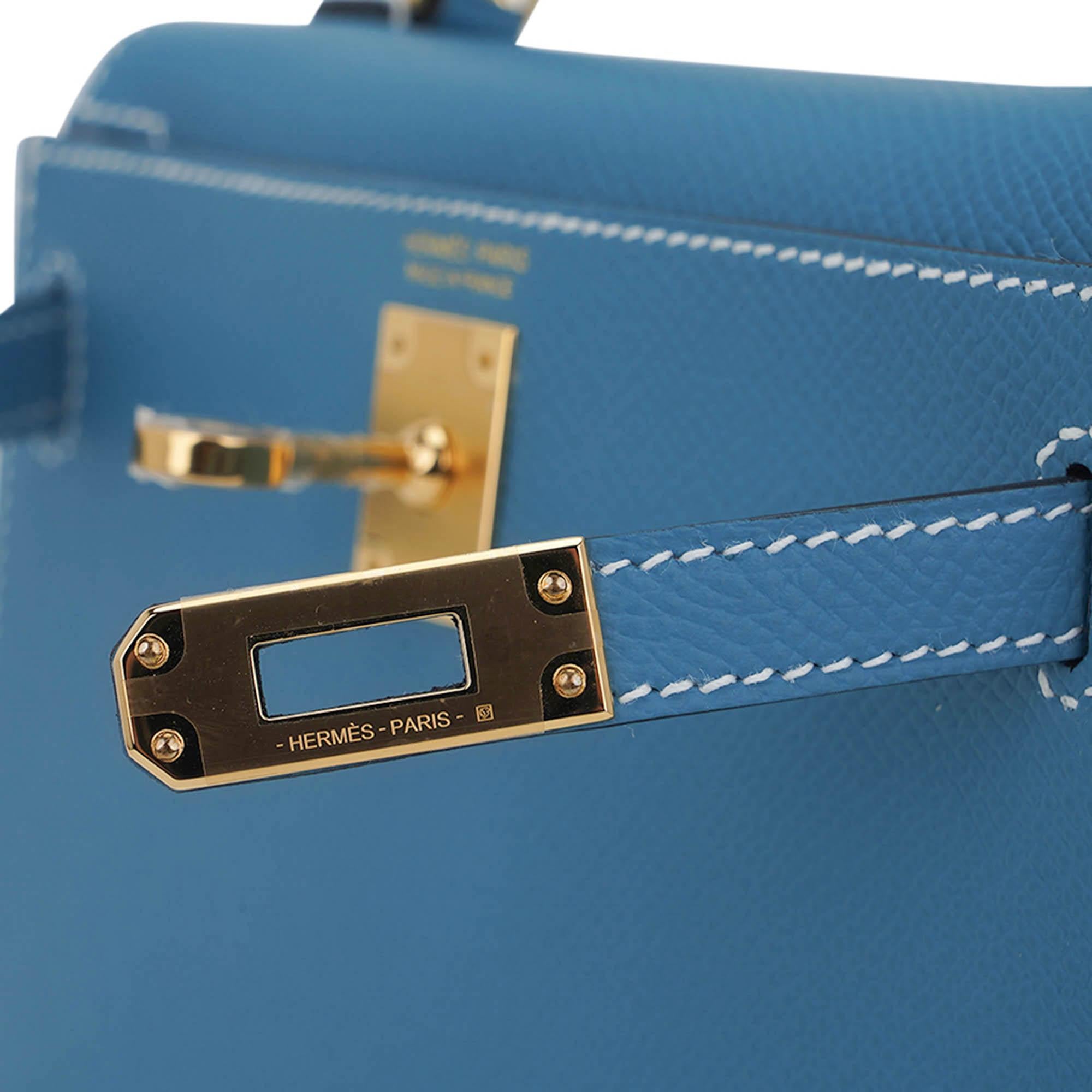 Hermes Mini Kelly 20 Sellier New Blue Jean Bag Epsom Leather Gold Hardware For Sale 1