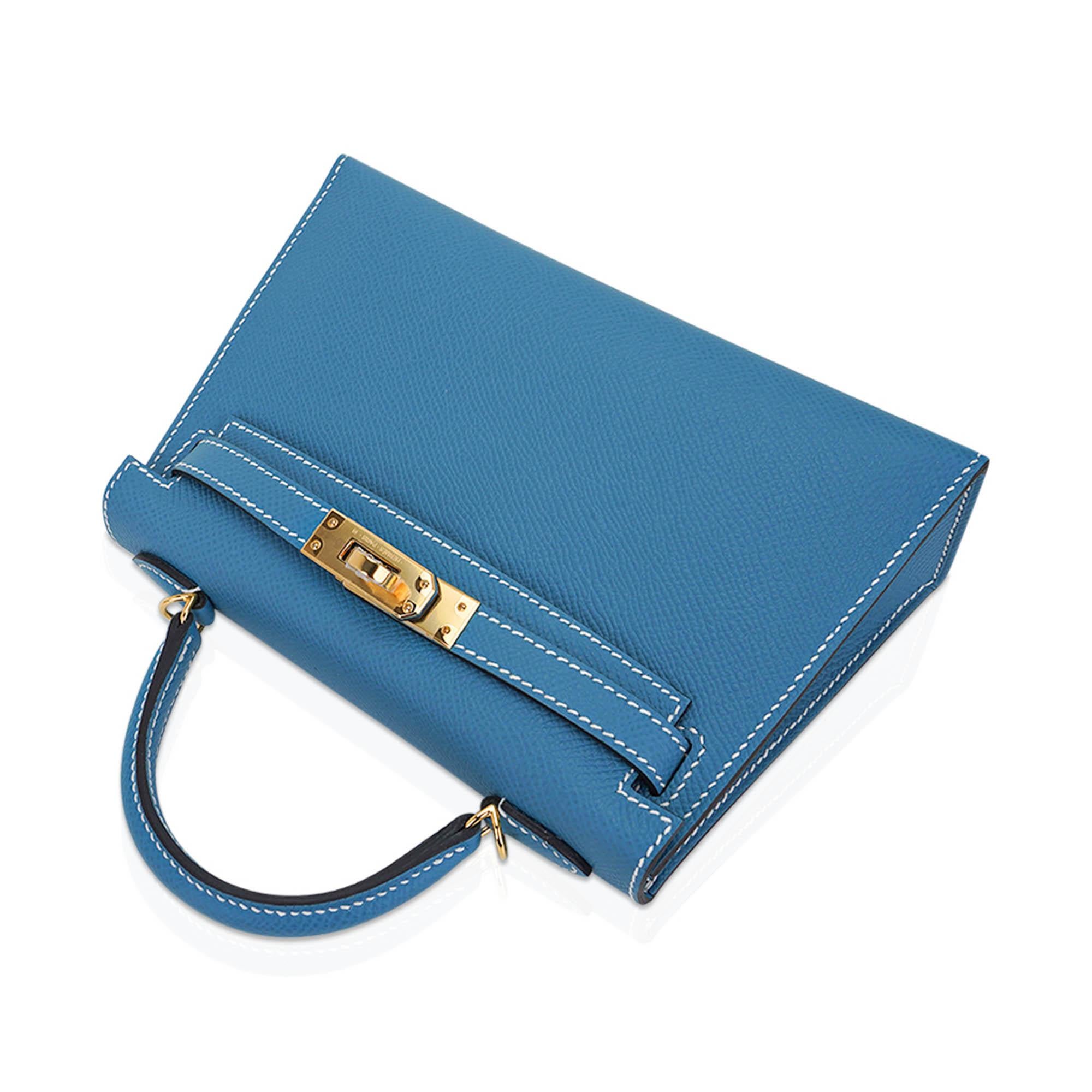 Hermes Mini Kelly 20 Sellier New Blue Jean Bag Epsom Leather Gold Hardware For Sale 2