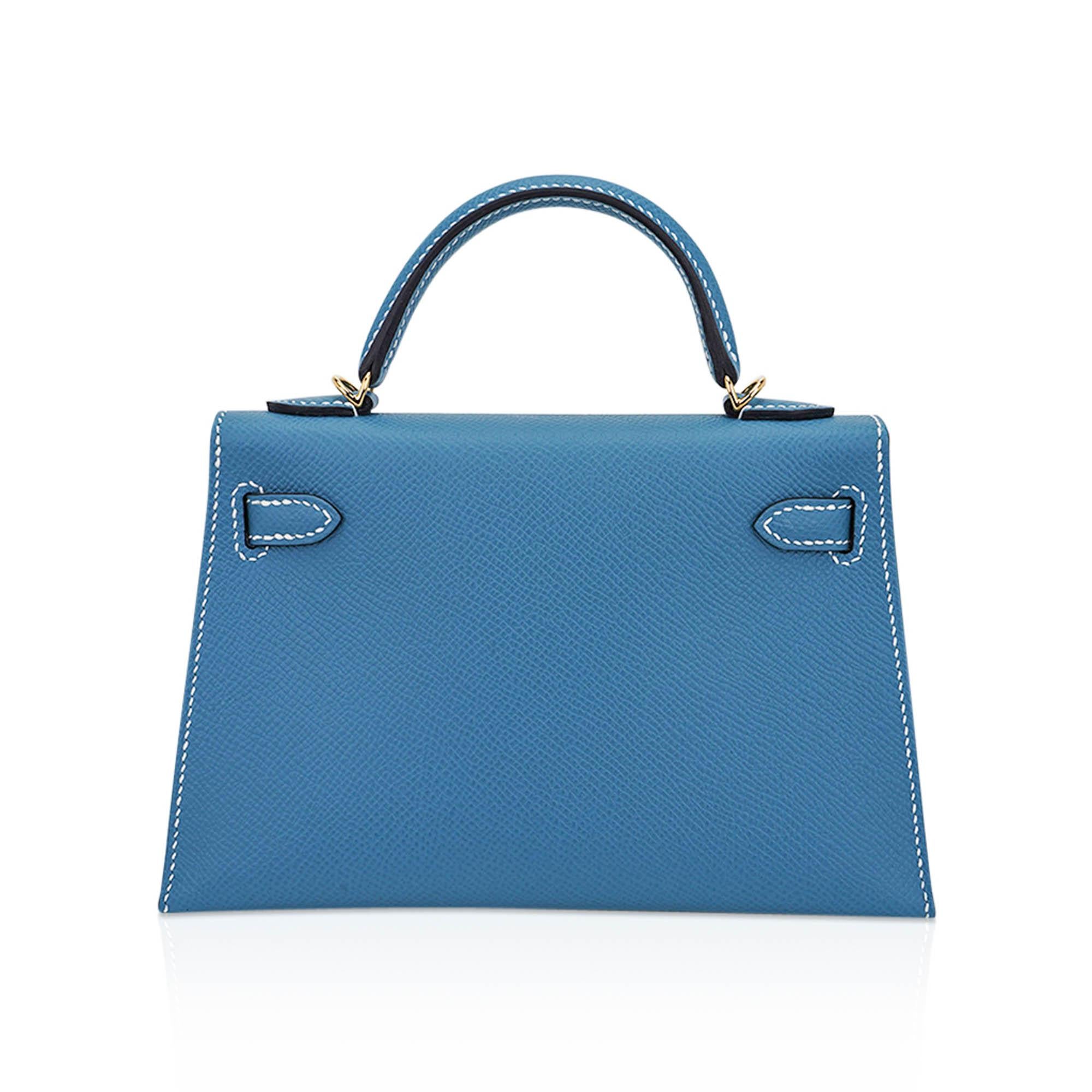 Hermes Mini Kelly 20 Sellier New Blue Jean Bag Epsom Leather Gold Hardware For Sale 3
