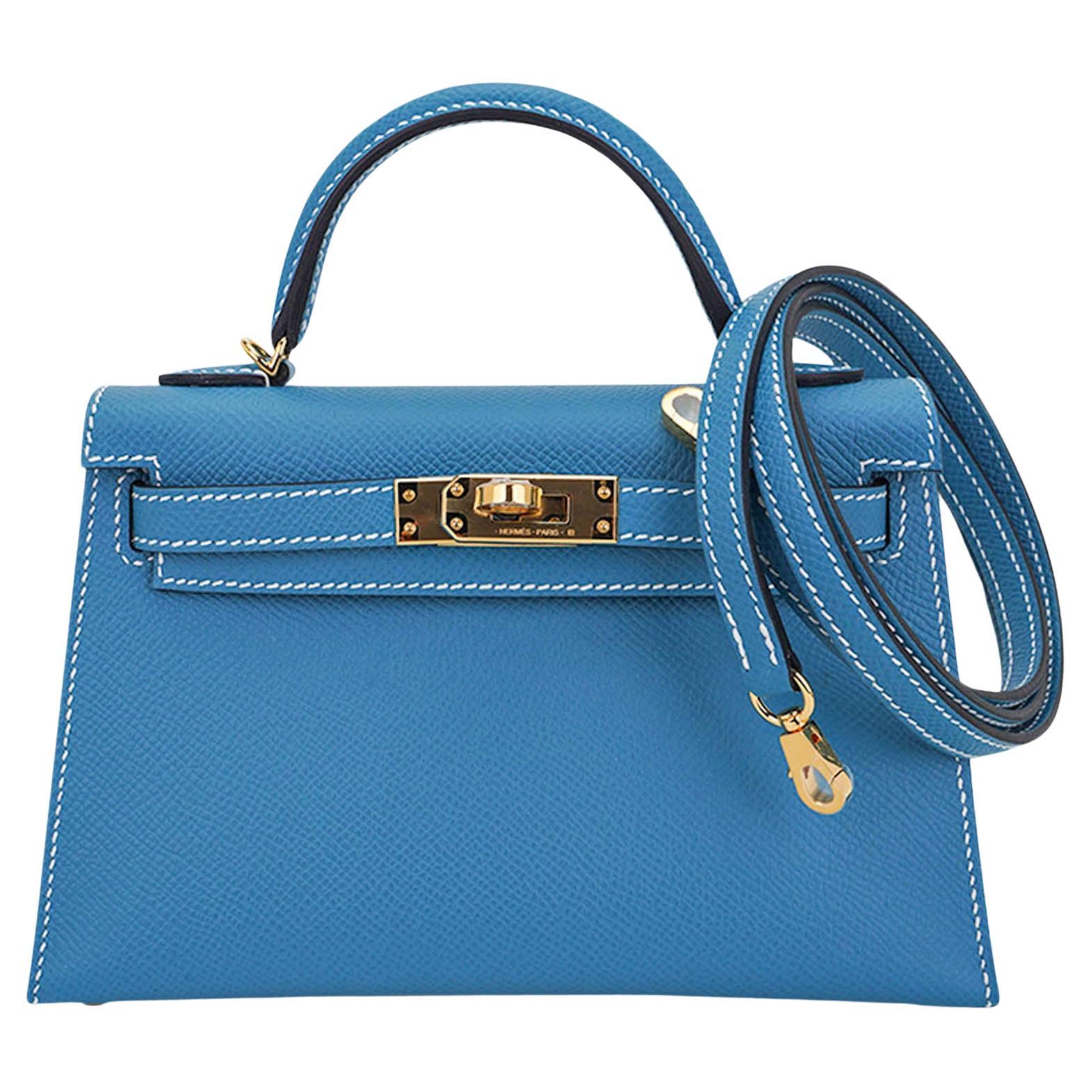 Hermes Mini Kelly 20 Sellier New Blue Jean Bag Epsom Leather Gold Hardware For Sale