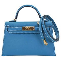 Hermes Mini Kelly 20 Sellier New Blue Jean Bag Epsom Leather Gold Hardware