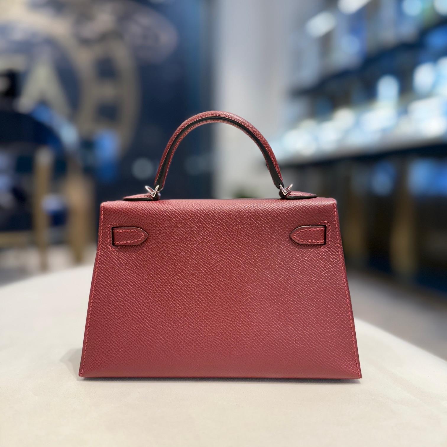 Marron Hermès Rouge H Mini Kelly 20 Sellier Epsom Palladium Hardware en vente