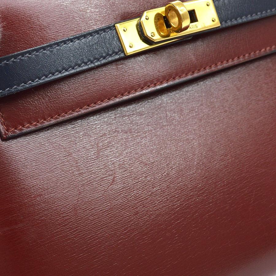 Marrone HERMES Mini Kelly 20 Sellier Red Rouge Navy Blue Box Borsa in pelle di vitello in vendita