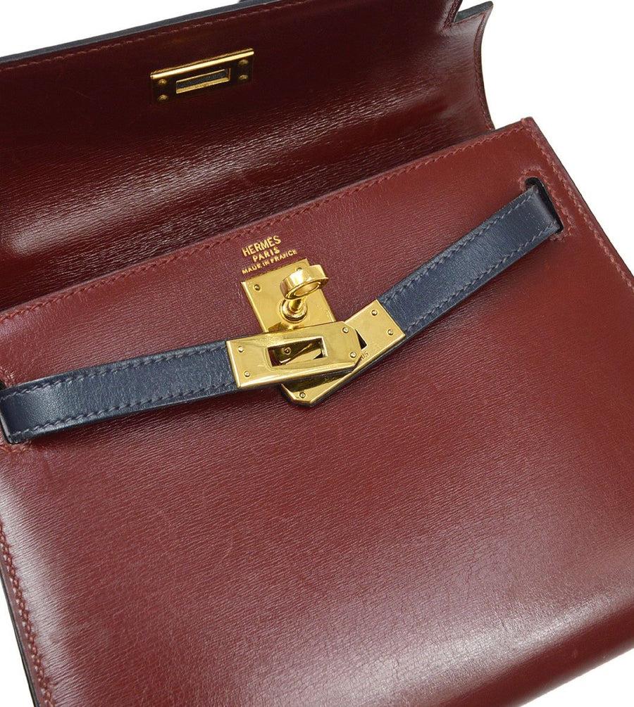 Donna HERMES Mini Kelly 20 Sellier Red Rouge Navy Blue Box Borsa in pelle di vitello in vendita