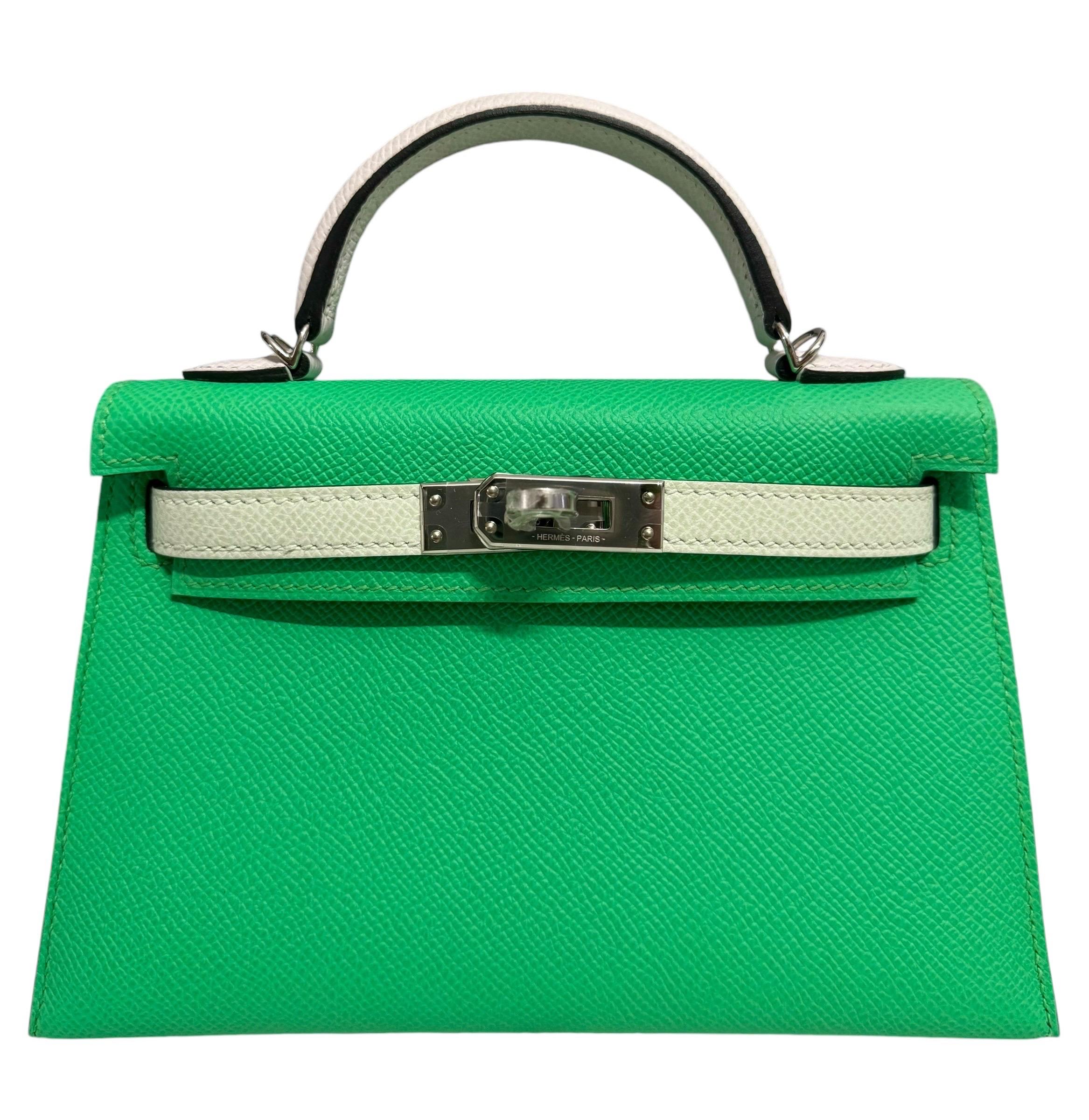 Blue Hermes Mini Kelly 20 Tri Color Vert Comics, Vert Fizz & Gris Pale Epsom Leather