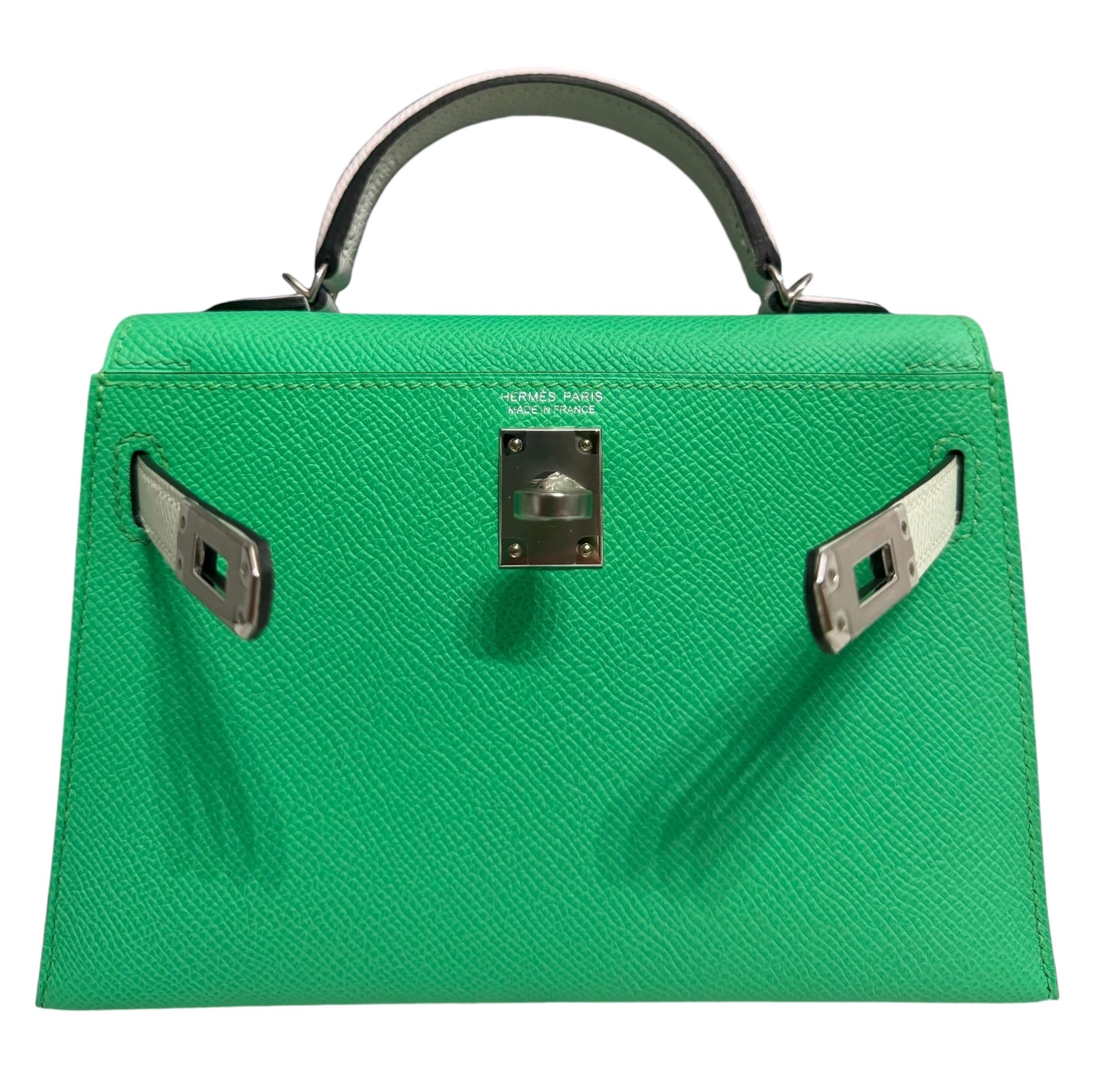 Hermes Mini Kelly 20 Tri Color Vert Comics, Vert Fizz & Gris Pale Epsom Leather 2