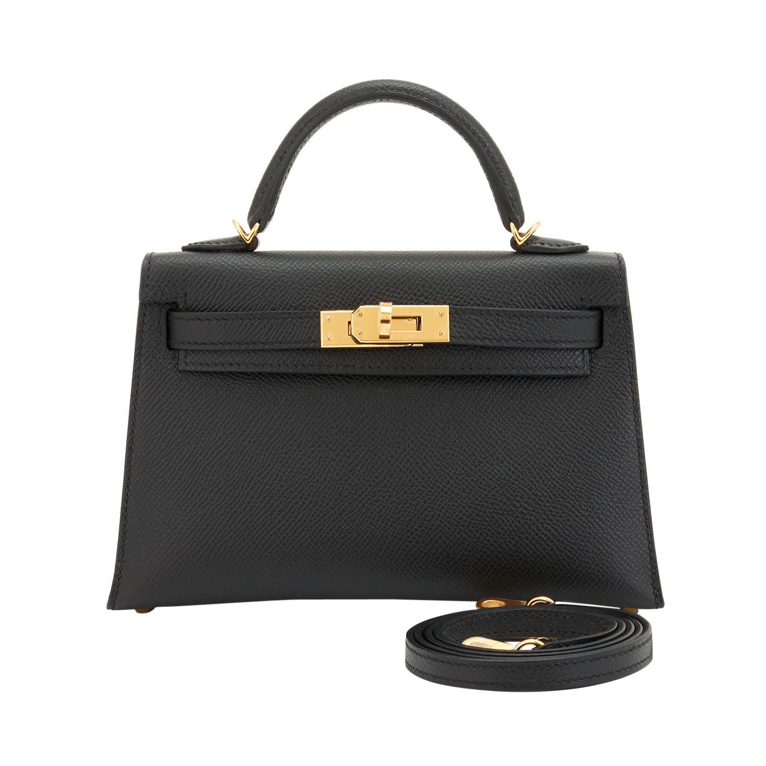 Hermes Mini Kelly 20cm Black VIP Epsom Gold Shoulder Bag, U Stamp, 2022
Just purchased from Hermes store; bag bears new 2022 U Stamp.
Brand New in Box.  Store Fresh. Pristine Condition (with plastic on hardware)
Perfect gift! Comes full set with