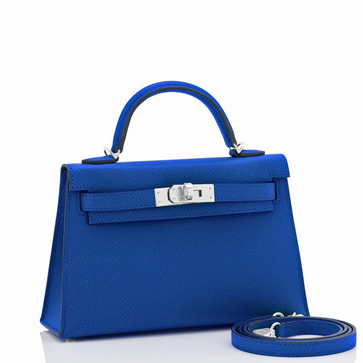 Hermes Mini Kelly 20cm Blue France VIP Epsom Sellier Bag, Z Stamp, 2021 
Just purchased from Hermes store; bag bears new 2021 Z Stamp.
Brand New in Box.  Store Fresh. Pristine Condition (with plastic on hardware)
Perfect gift! Comes full set with