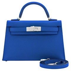 Hermes Mini Kelly 20cm Blaue VIP Epsom Sellier Tasche, Z Stempel, 2021