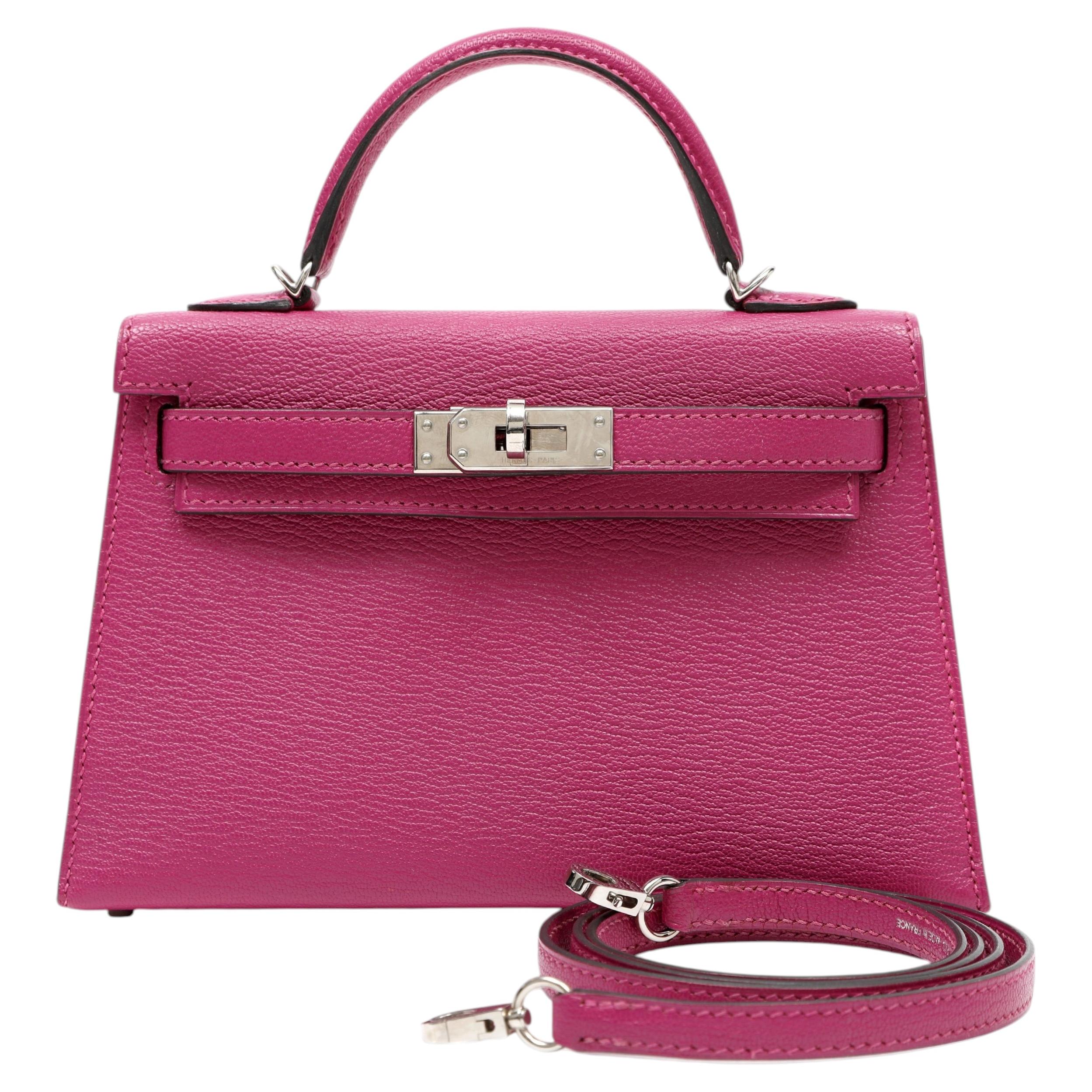 Hermès Mini Kelly 20cm Rose Pourpre Sellier Chevre Mysore Leder im Angebot