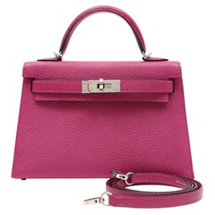 Hermès Mini Kelly 20cm Sellier Bag Rose Pourpre Chevre Mysore Leather w PH