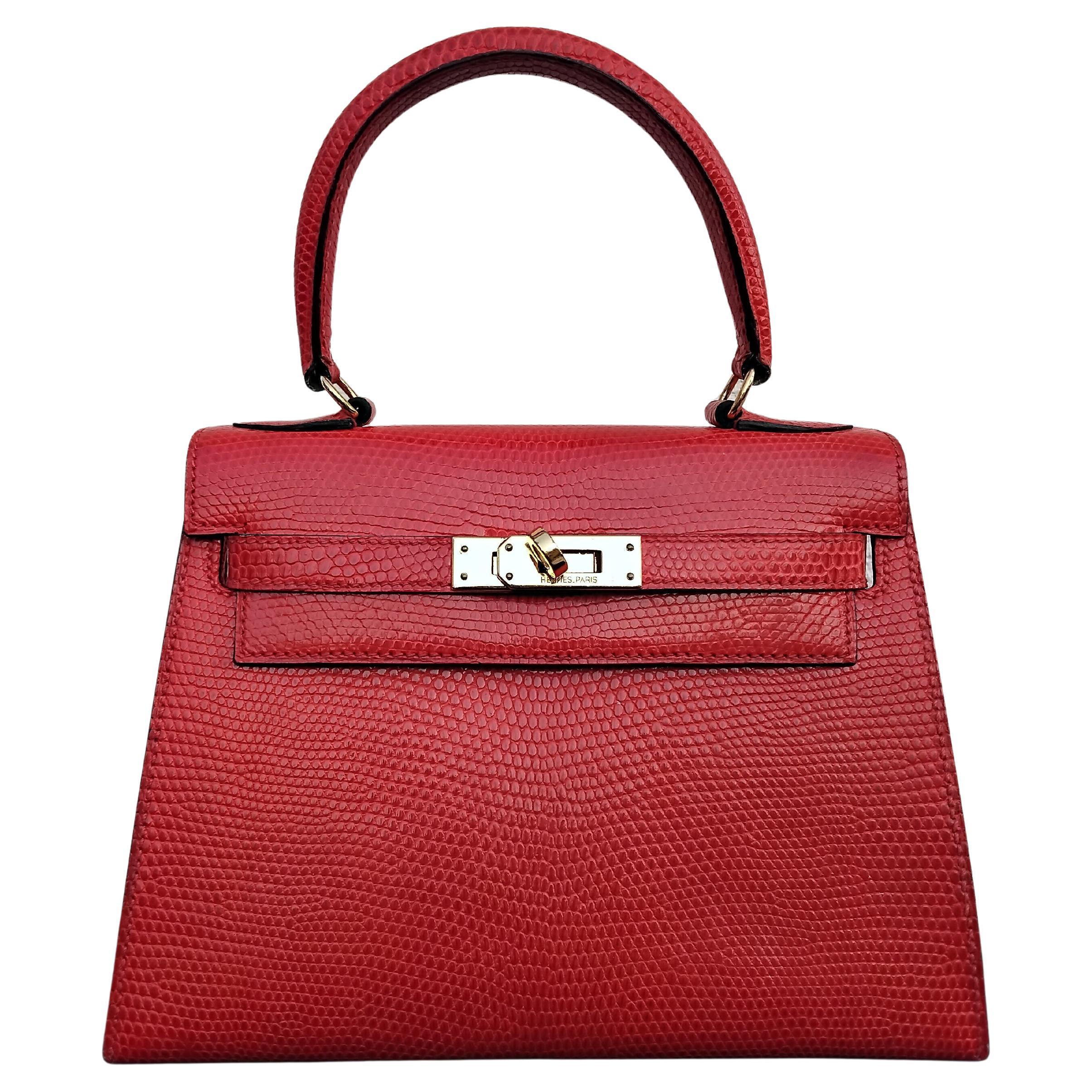 Rouge Hermès Mini Kelly 20cm Sellier Bag Shiny Red Lizard Gold Hdw Vintage en vente