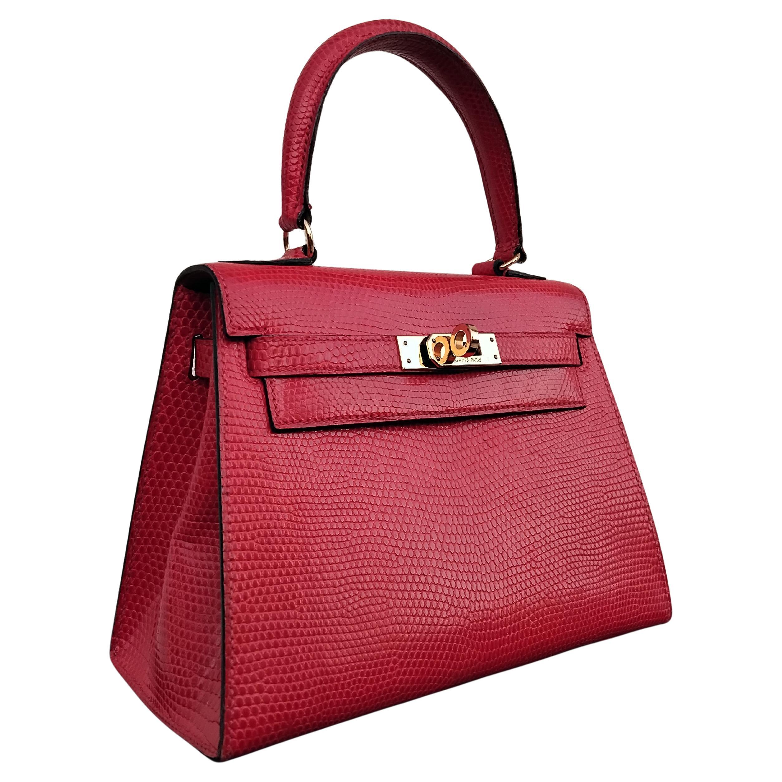 Women's Hermès Mini Kelly 20cm Sellier Bag Shiny Red Lizard Gold Hdw Vintage For Sale