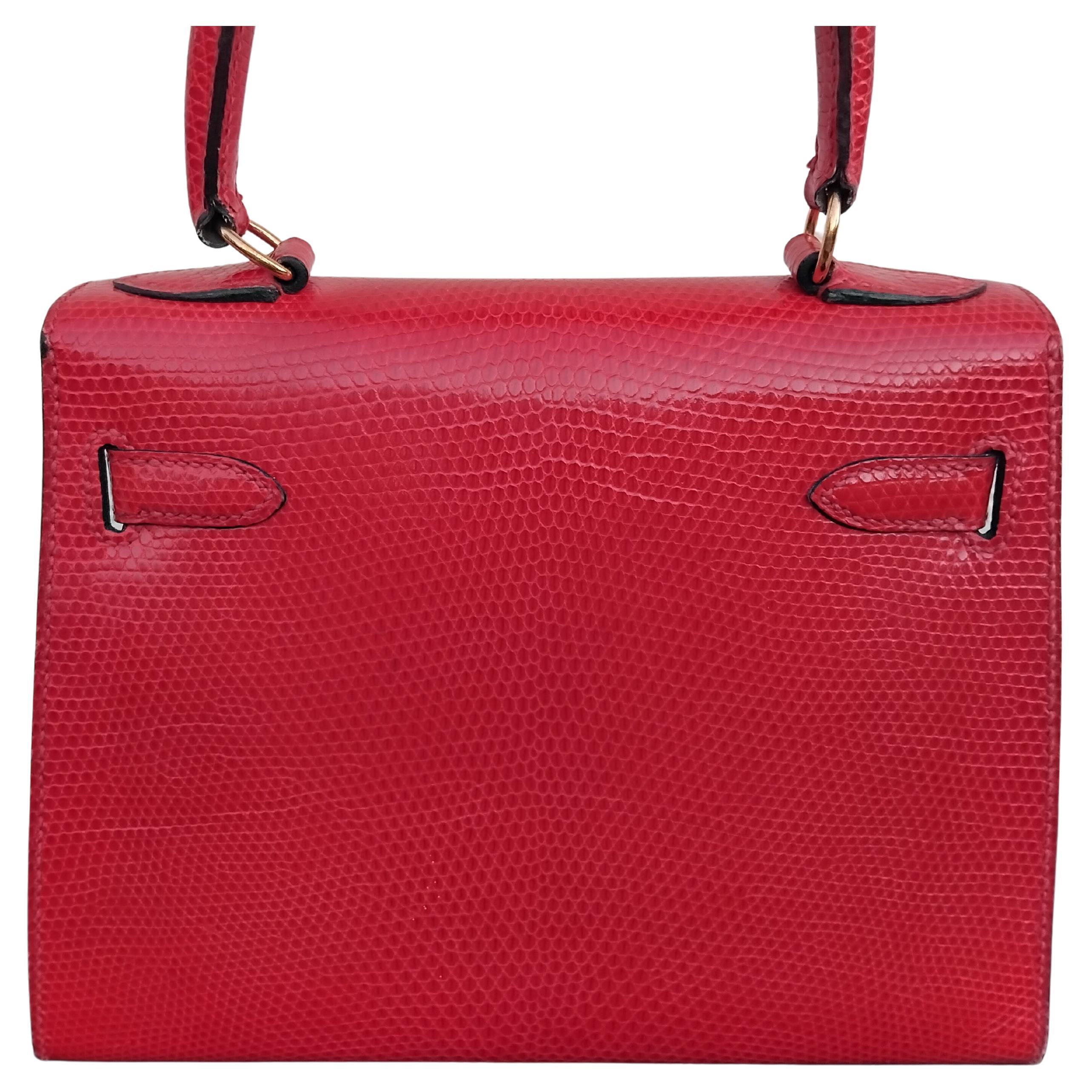 Hermès Mini Kelly 20cm Sellier Bag Shiny Red Lizard Gold Hdw Vintage en vente 1