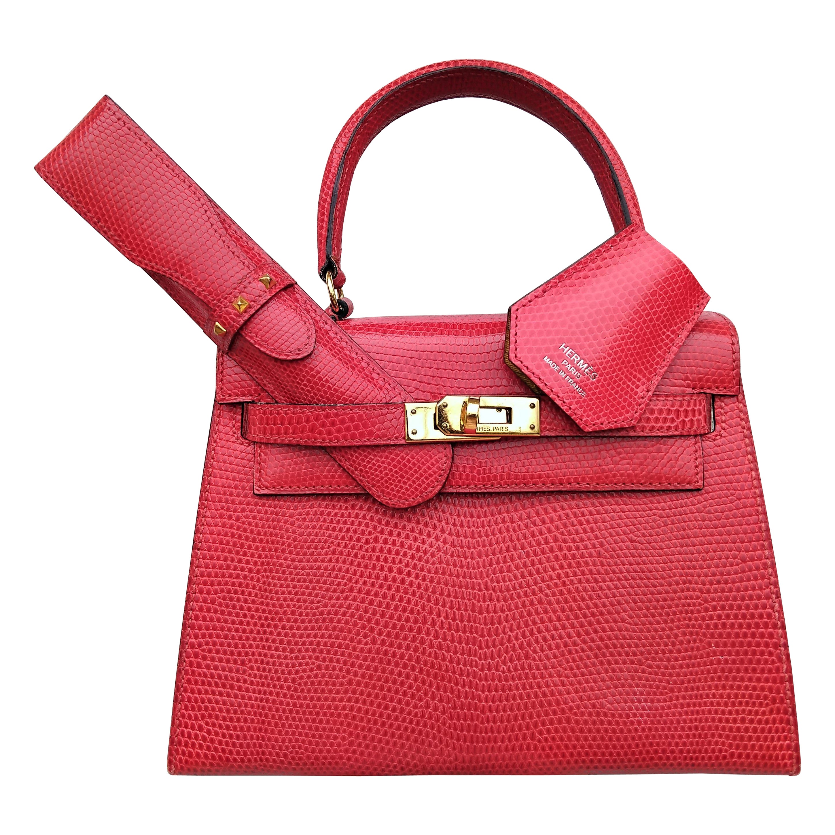 Hermès Mini Kelly 20cm Sellier Tasche Glänzend Rot Eidechse Gold Hdw Vintage