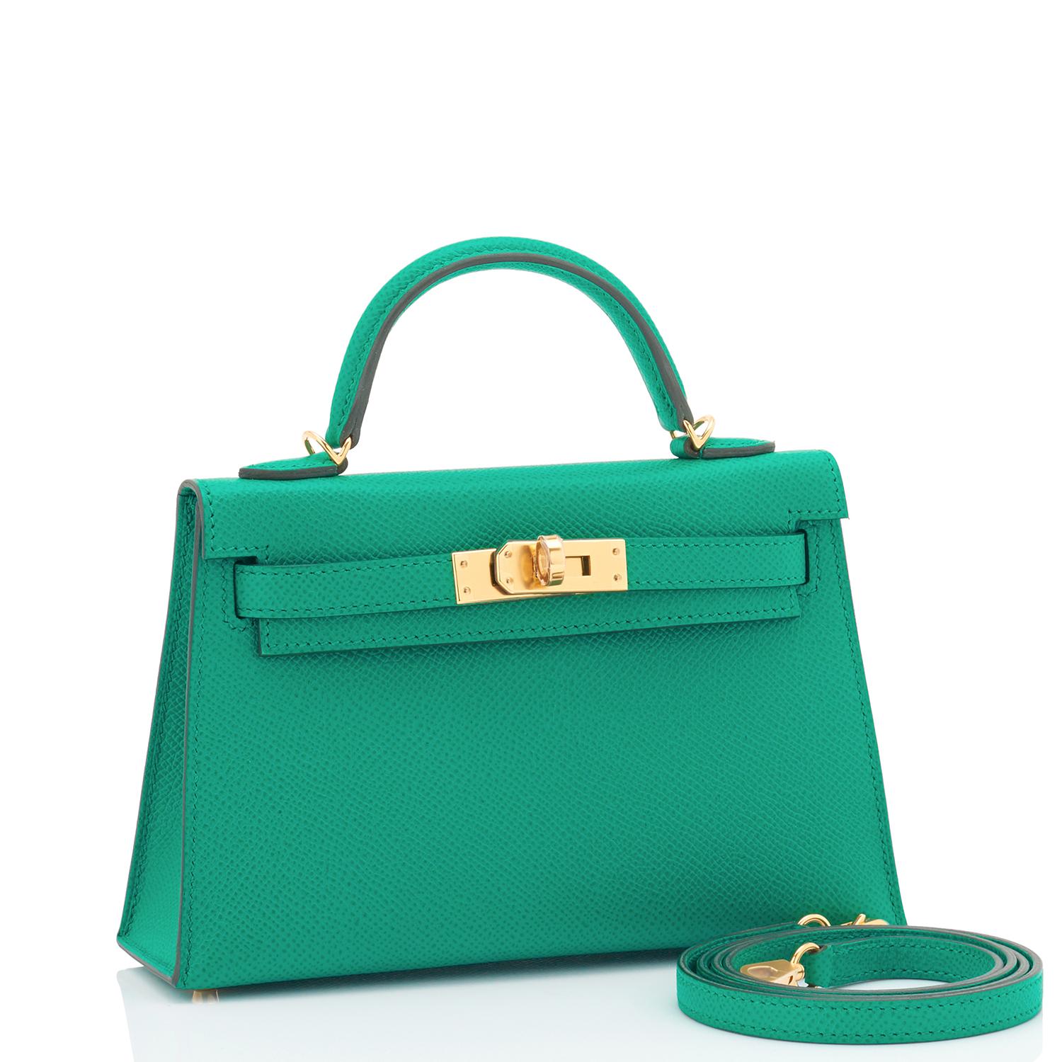 Hermes Mini Kelly 20cm Vert Jade VIP Epsom Gold Shoulder Bag, Z Stamp, 2021 
Just purchased from Hermes store; bag bears new 2021 Z Stamp.
Brand New in Box.  Store Fresh. Pristine Condition (with plastic on hardware)
Perfect gift! Comes full set