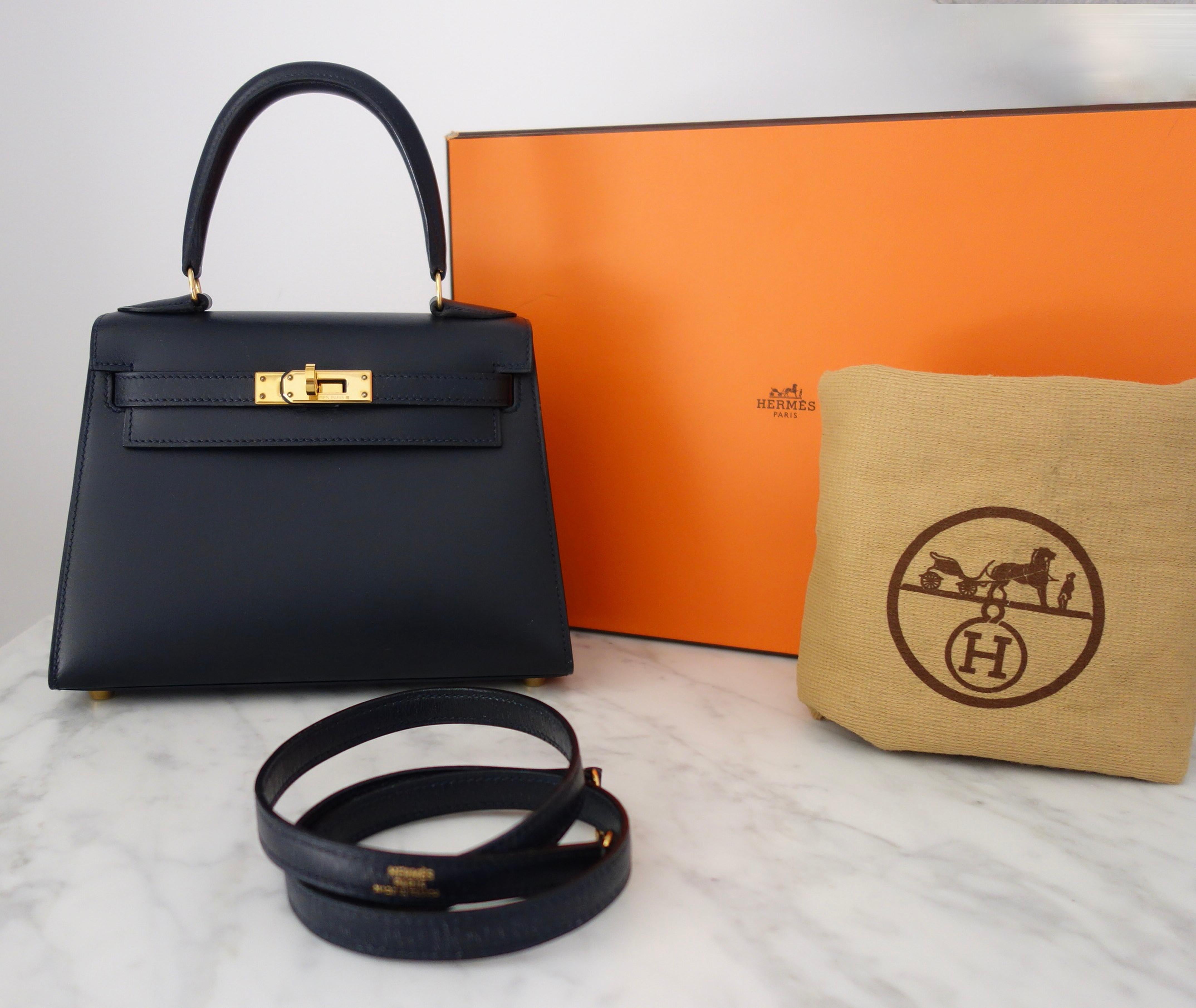 Hermès Mini Kelly Bag Sellier 20 cm Navy Blue Box Leather Gold Hdw For ...