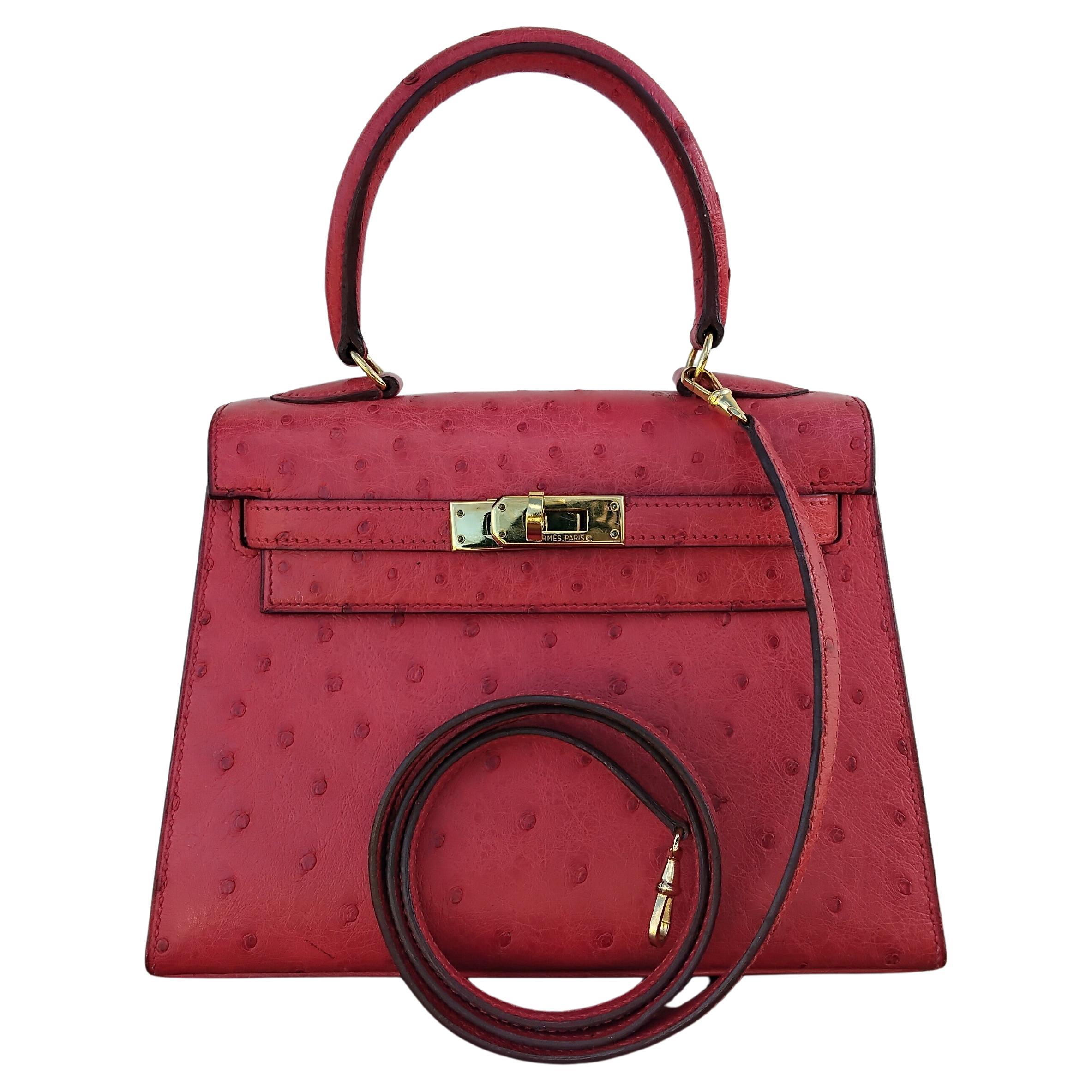 Hermès Mini Kelly Bag Sellier 20 cm Red Ostrich Gold Hdw For Sale
