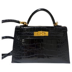 Hermes mini kelly bleu marine with gold hardware alligator handbag