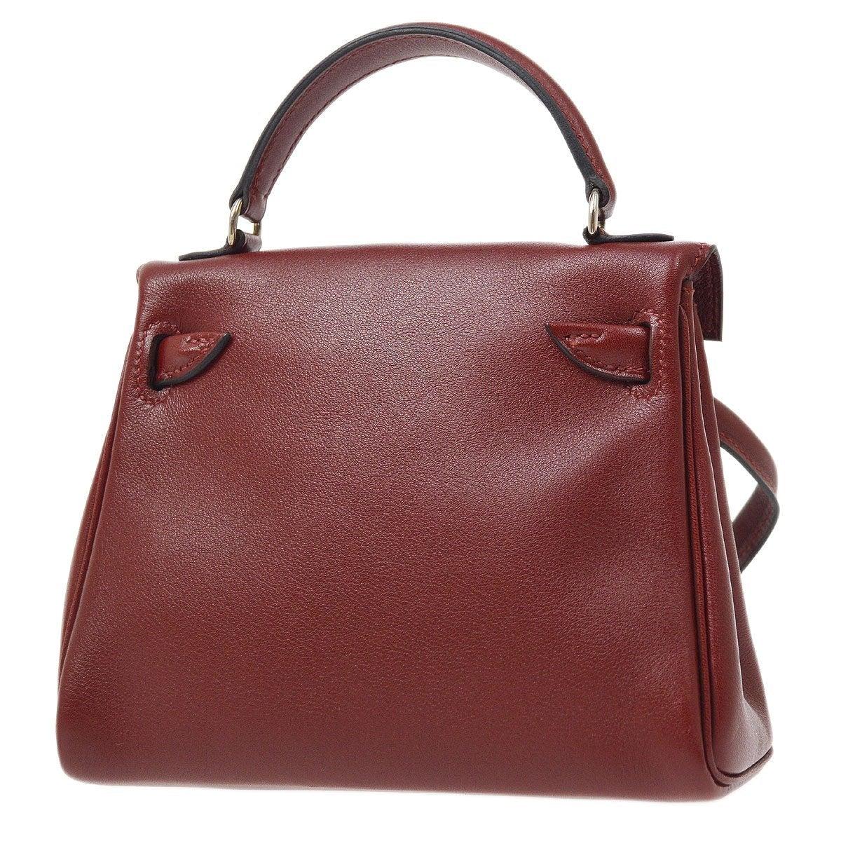HERMES Mini Kelly Doll Red Burgundy Brown Leather Top Handle Satchel Tote Bag In Good Condition In Chicago, IL