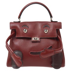 HERMES Mini Kelly Doll Red Burgundy Brown Leather Top Handle Satchel Tote Bag