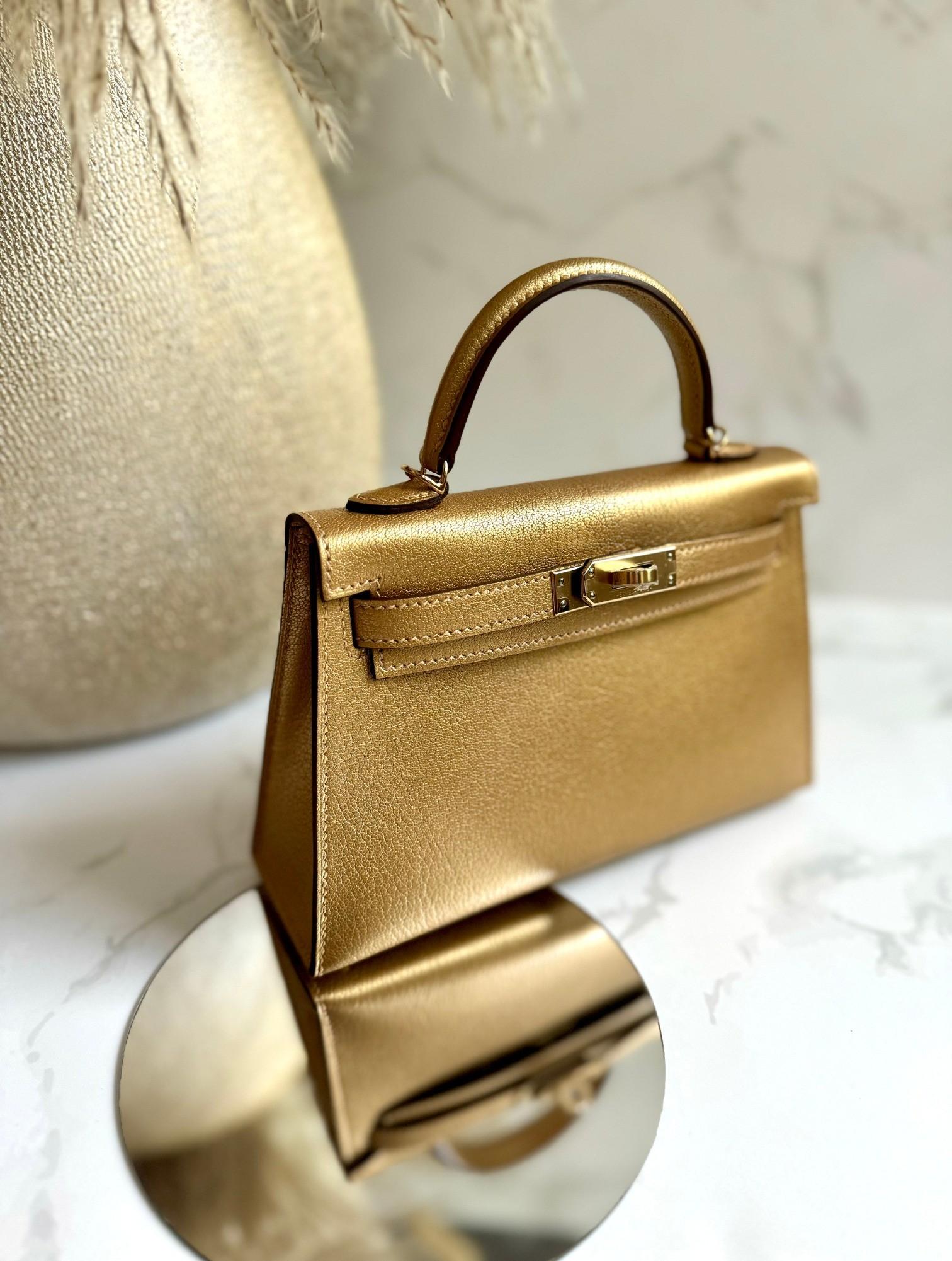 Hermès Mini Kelly Dore Metallic Gold Chèvre Olympic 2024 Champagne HW NEW in vendita 8