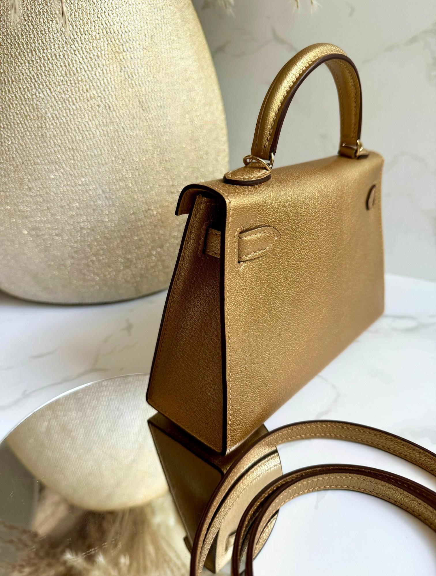 Hermès Mini Kelly Dore Metallic Gold Chèvre Olympic 2024 Champagne HW NEW in vendita 9