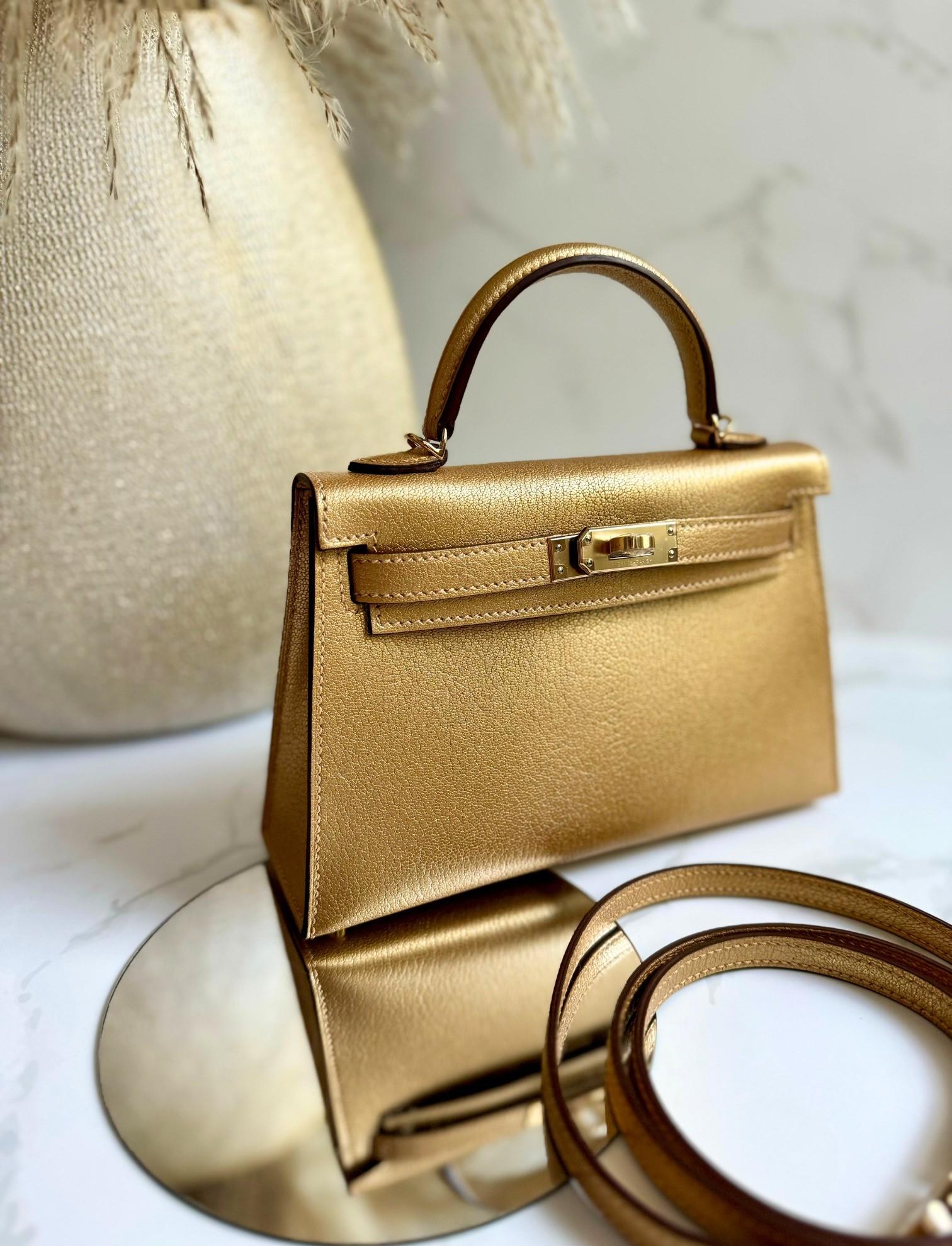 Hermès Mini Kelly Dore Metallic Gold Chèvre Olympic 2024 Champagne HW NEW in vendita 10