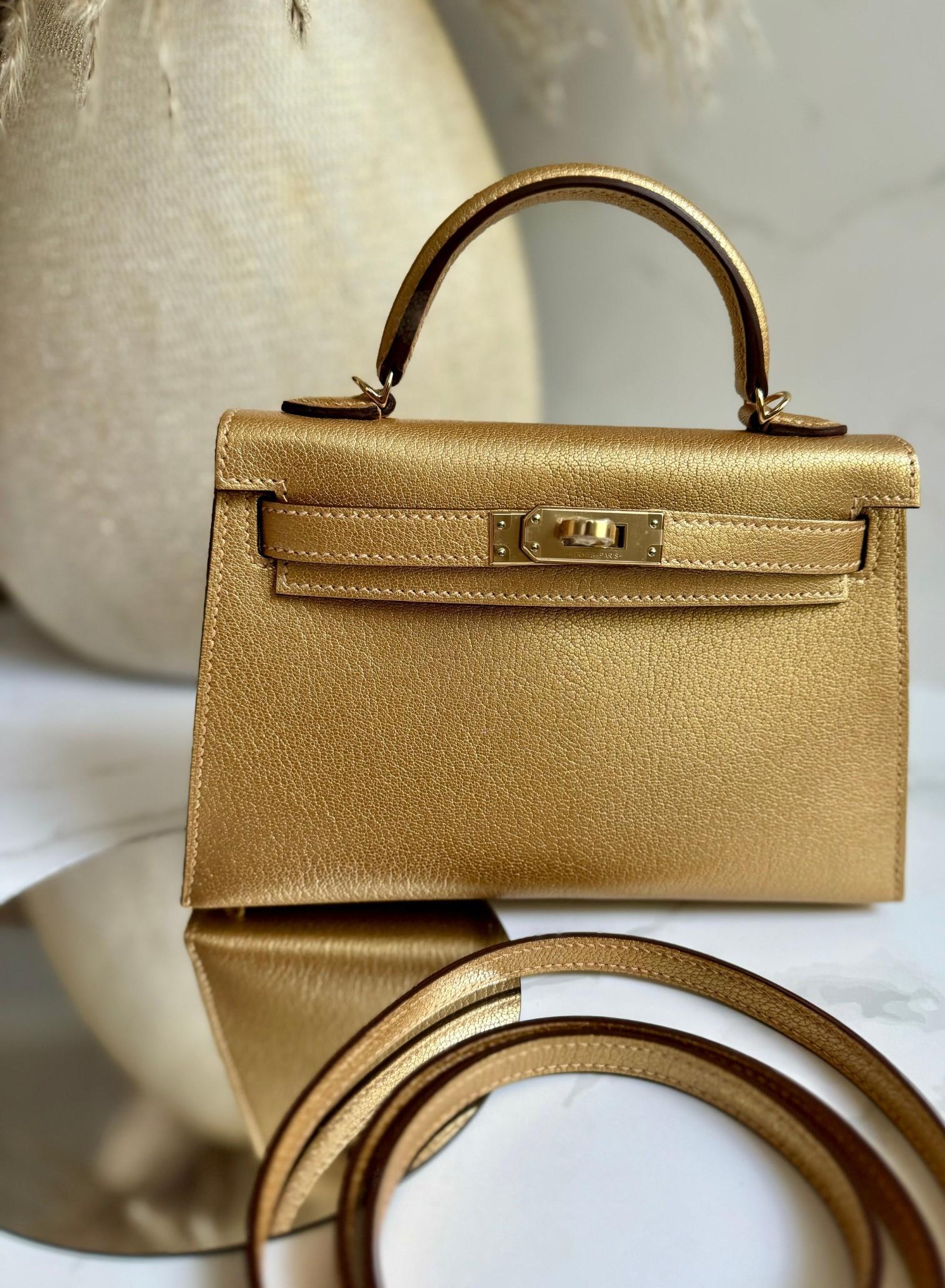 Hermès Mini Kelly Dore Metallic Gold Chèvre Olympic 2024 Champagne HW NEW in vendita 11