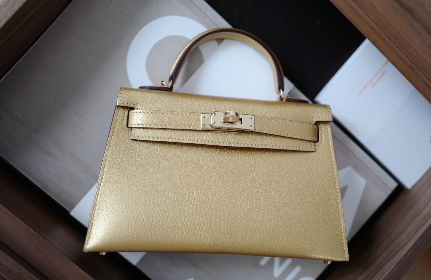 Hermès Mini Kelly Dore Metallic Gold Chèvre Olympic 2024 Champagne HW NEW in vendita 12