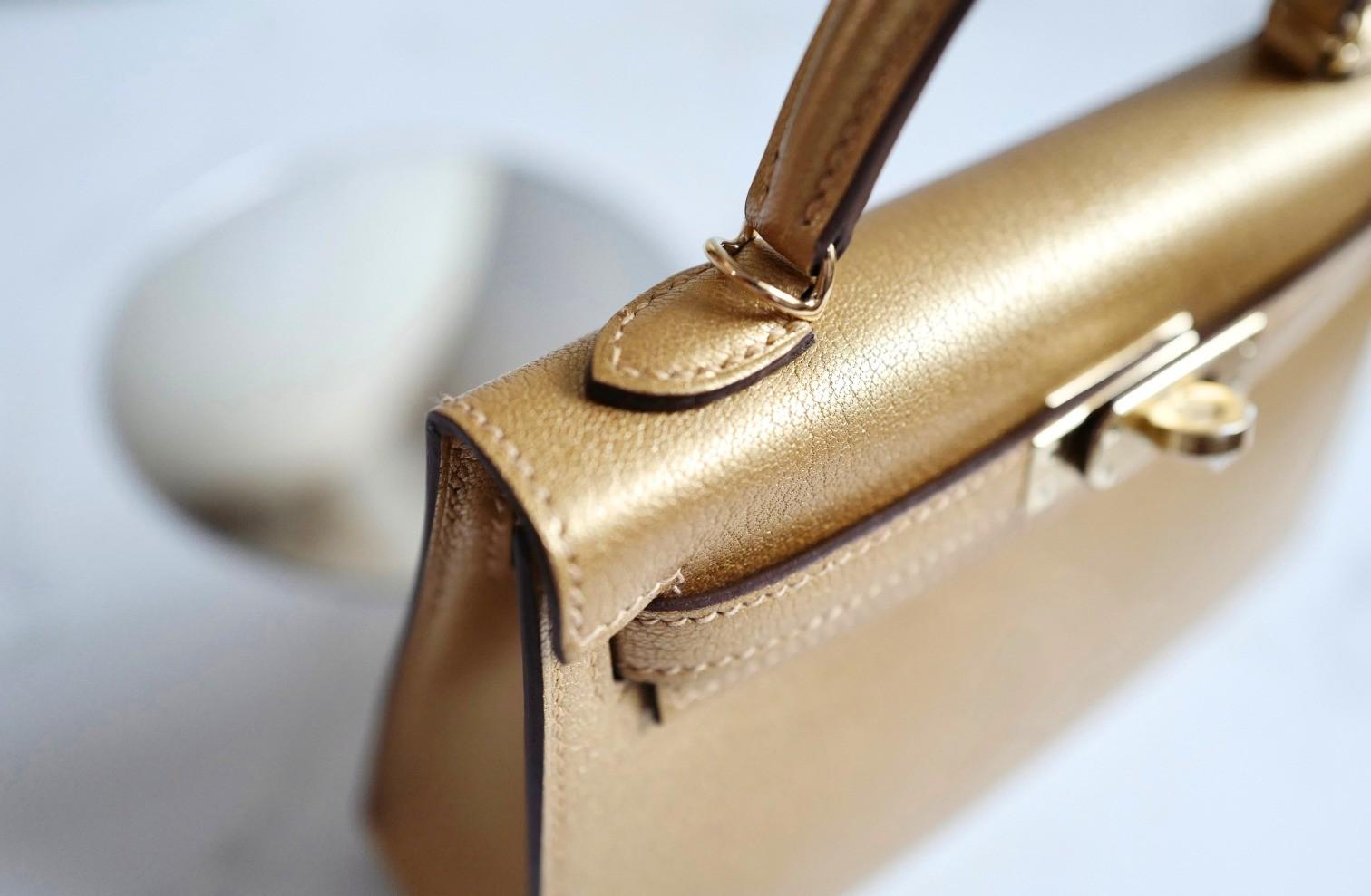 Hermès Mini Kelly Dore Metallic Gold Chèvre Olympic 2024 Champagne HW NEW in vendita 13