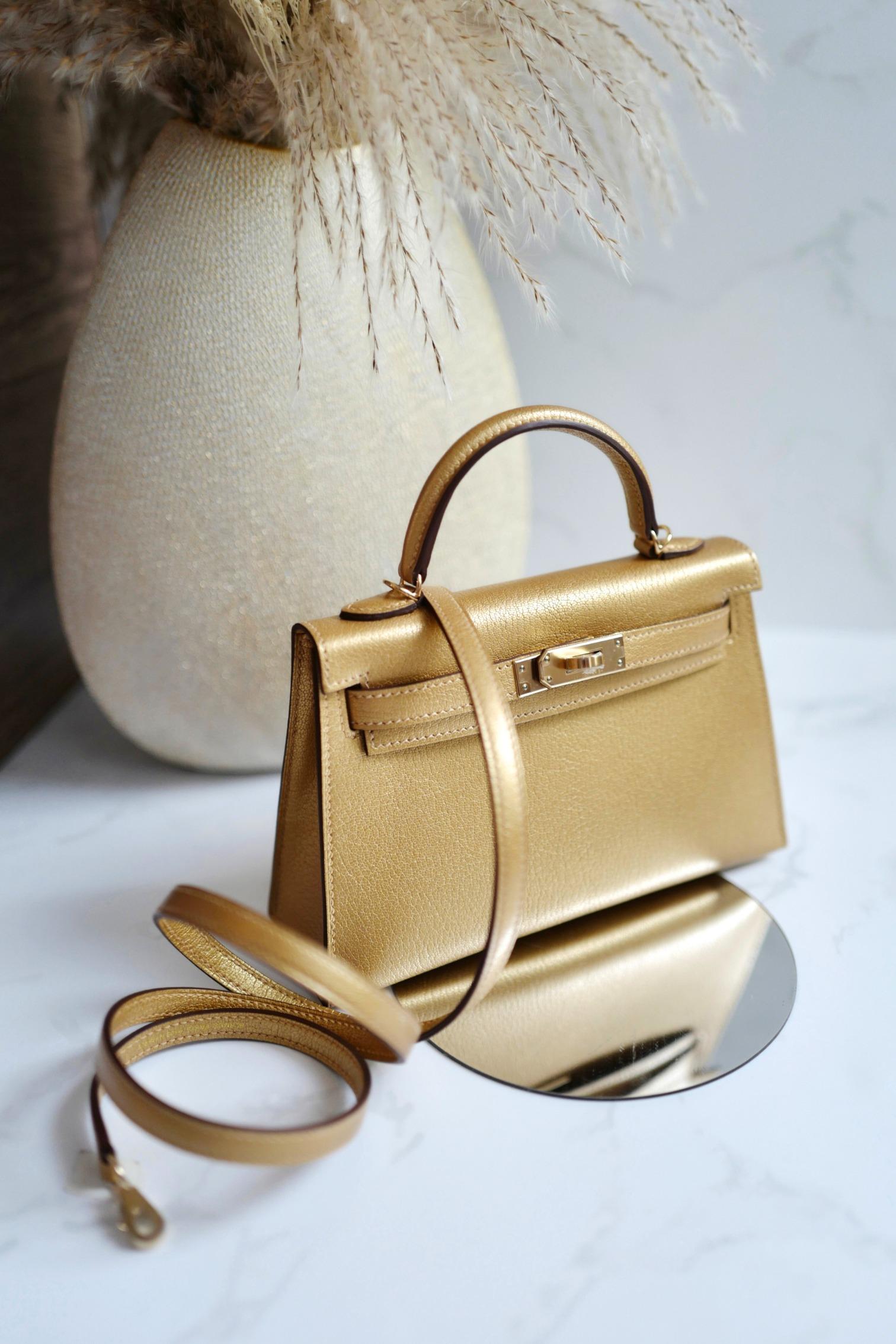 Hermès Mini Kelly Dore Metallic Gold Chèvre Olympic 2024 Champagne HW NEW in vendita 14