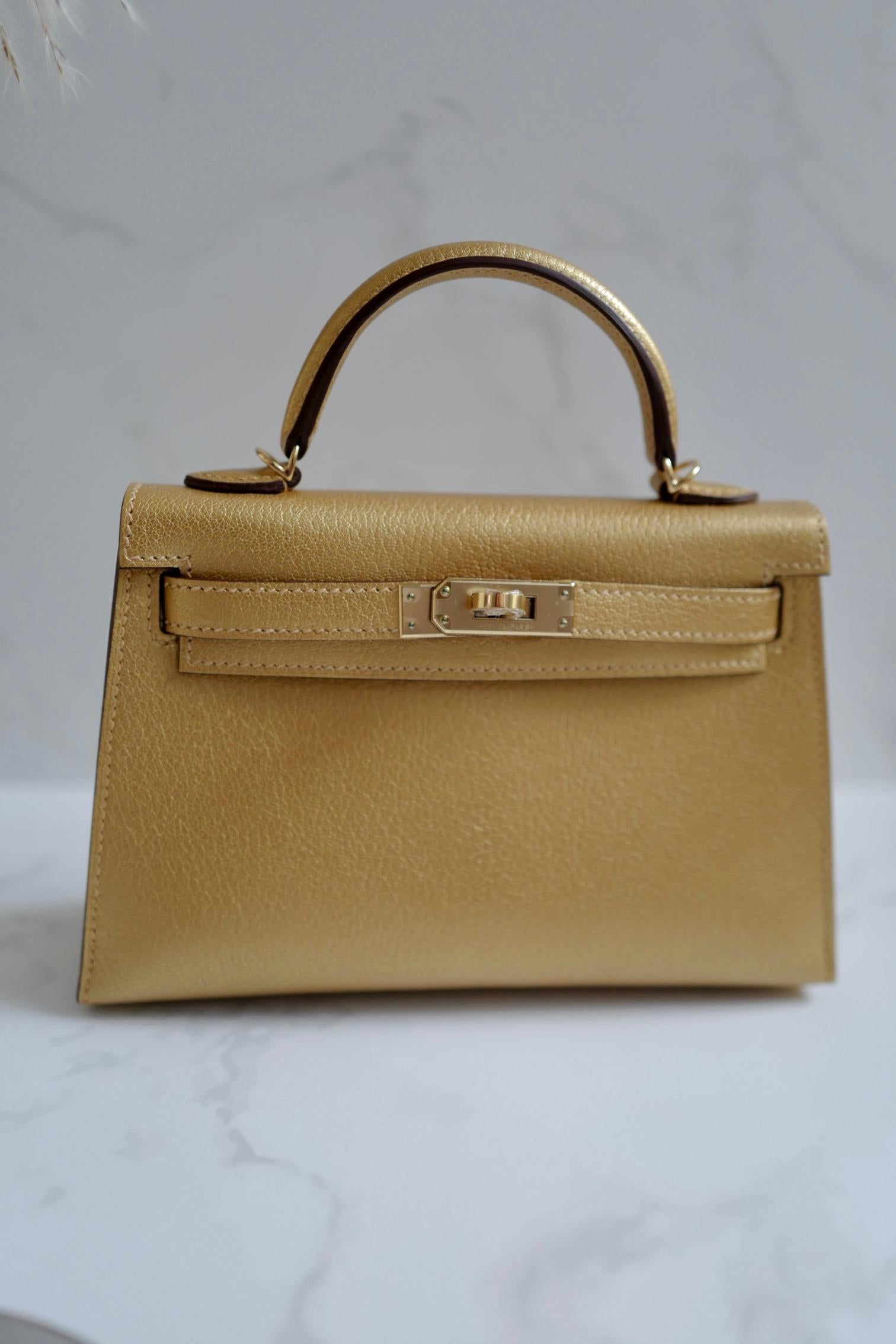 Hermès Mini Kelly Dore Metallic Gold Chèvre Olympic 2024 Champagne HW NEW in vendita 16