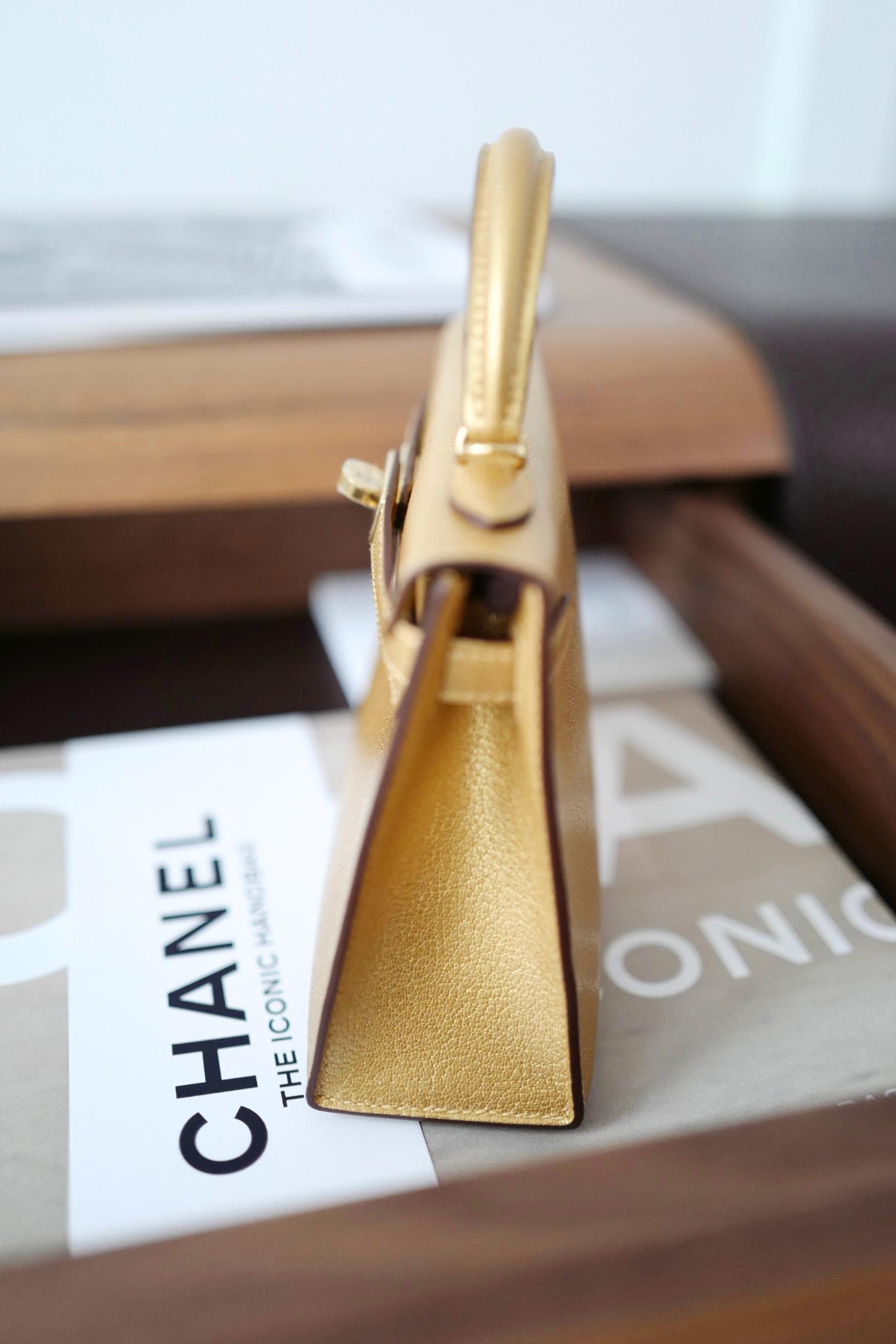 Donna Hermès Mini Kelly Dore Metallic Gold Chèvre Olympic 2024 Champagne HW NEW in vendita