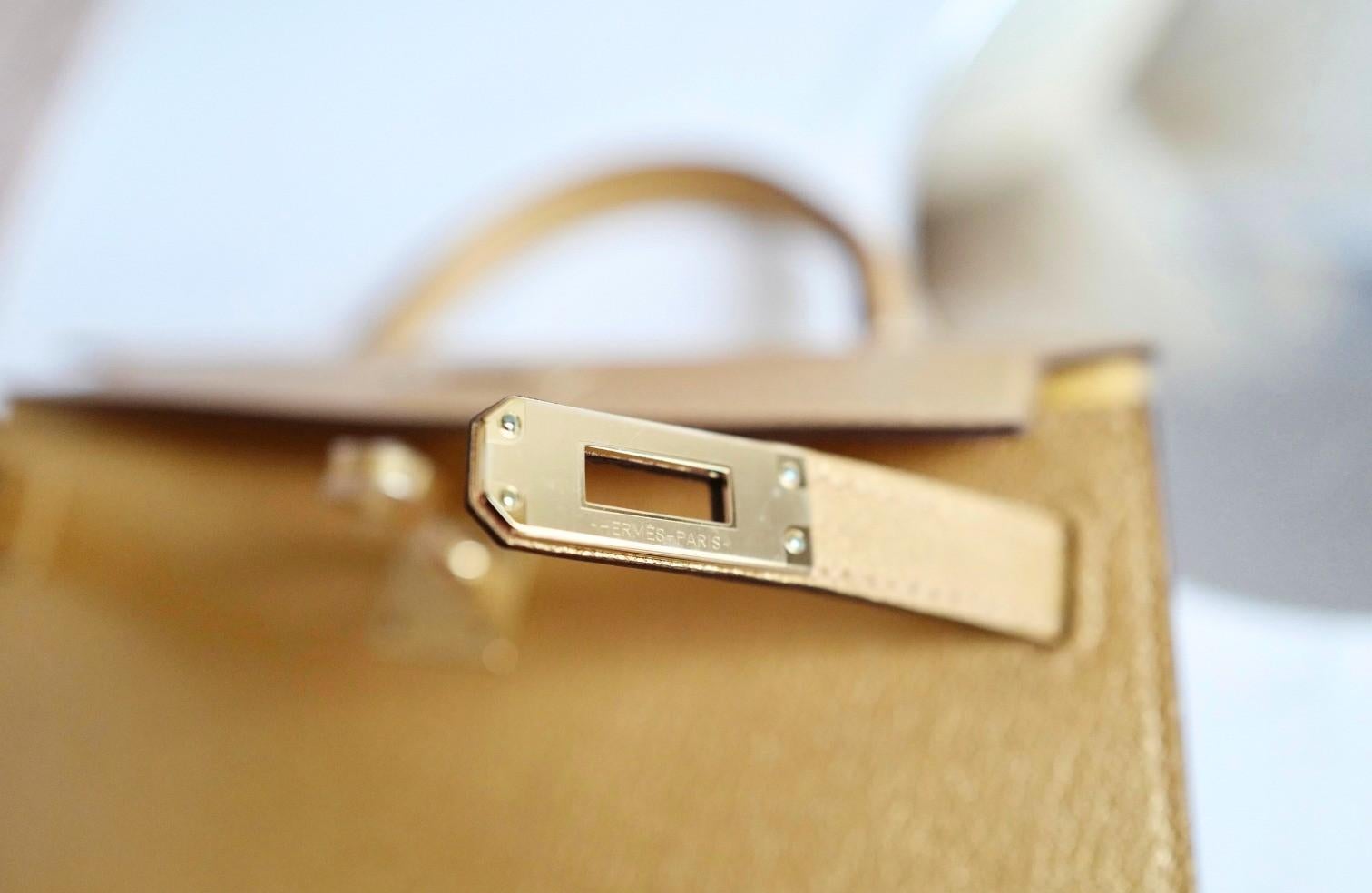 Hermès Mini Kelly Dore Metallic Gold Chèvre Olympic 2024 Champagne HW NEW in vendita 5