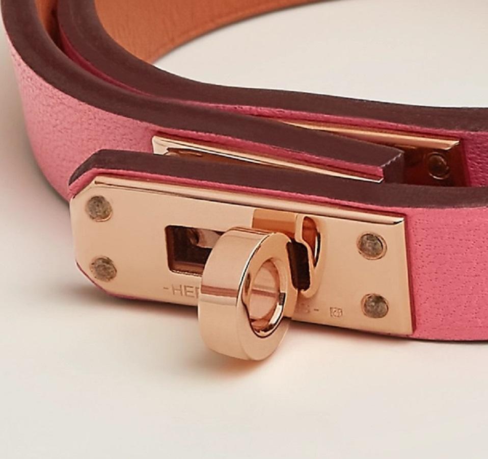 Hermes Bracelet Mini Kelly Double Tour Rose Azalée Swift veau Taille T3 16.5cm Neuf - En vente à Nicosia, CY