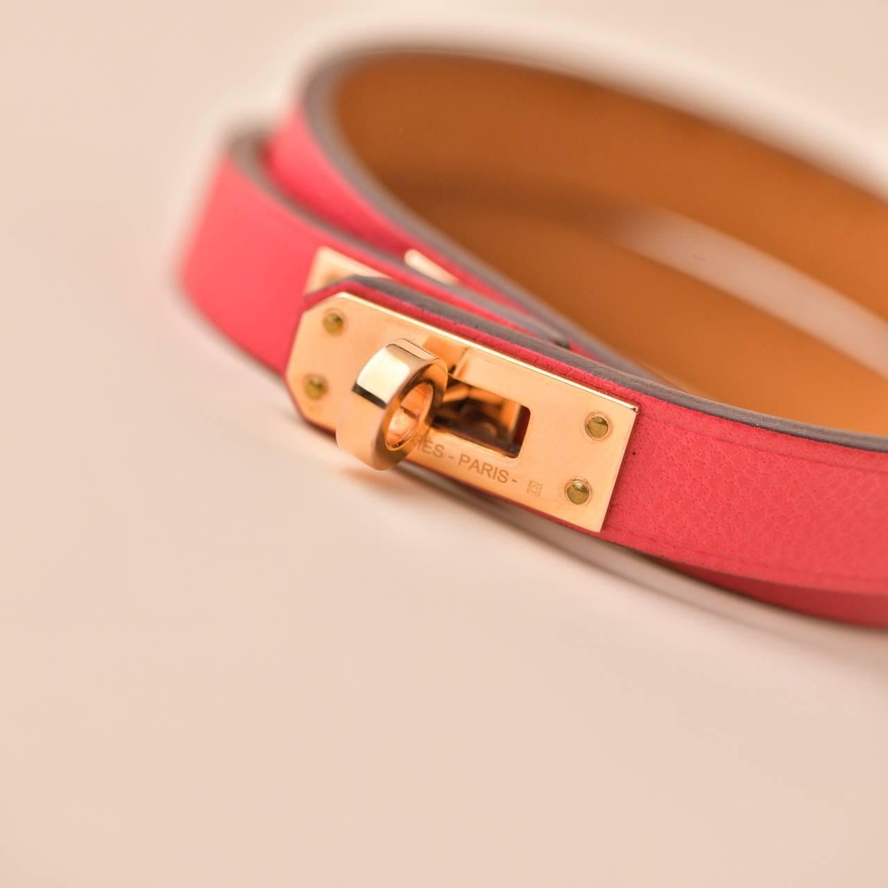 Hermès Mini Kelly Double Tour Rose Extrême Leather Bracelet T2 For Sale 3