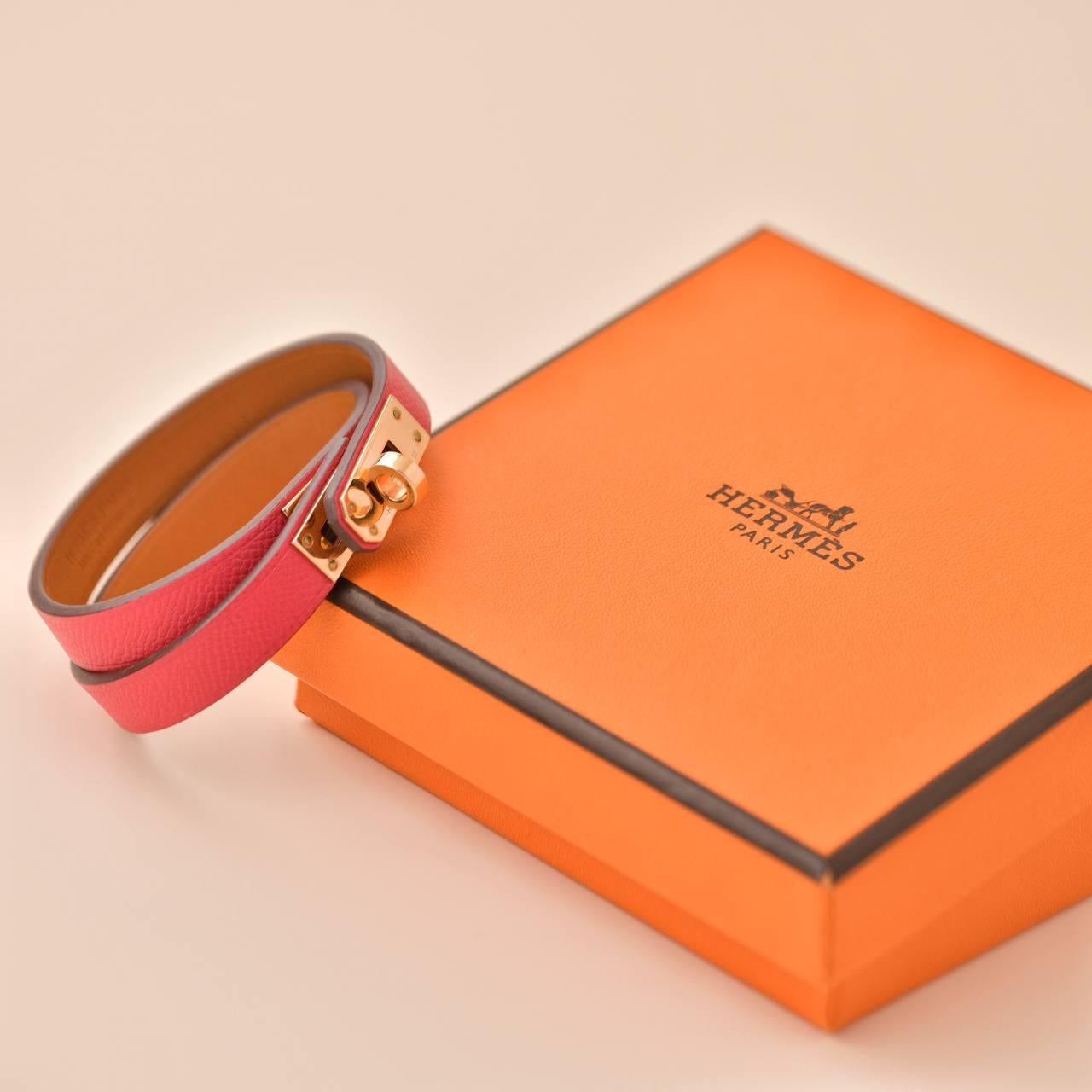 Hermès Mini Kelly Double Tour Rose Extrême Leather Bracelet T2 For Sale 4