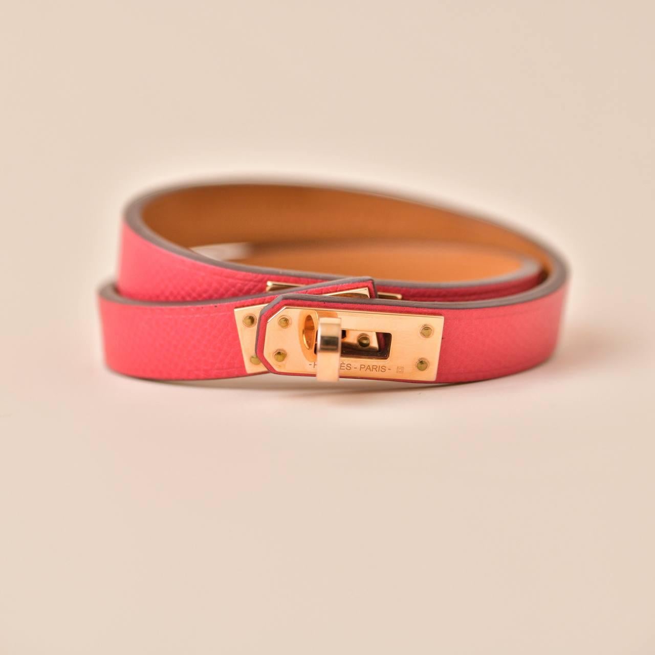 Hermès Mini Kelly Double Tour Rose Extrême Leather Bracelet T2 For Sale 5