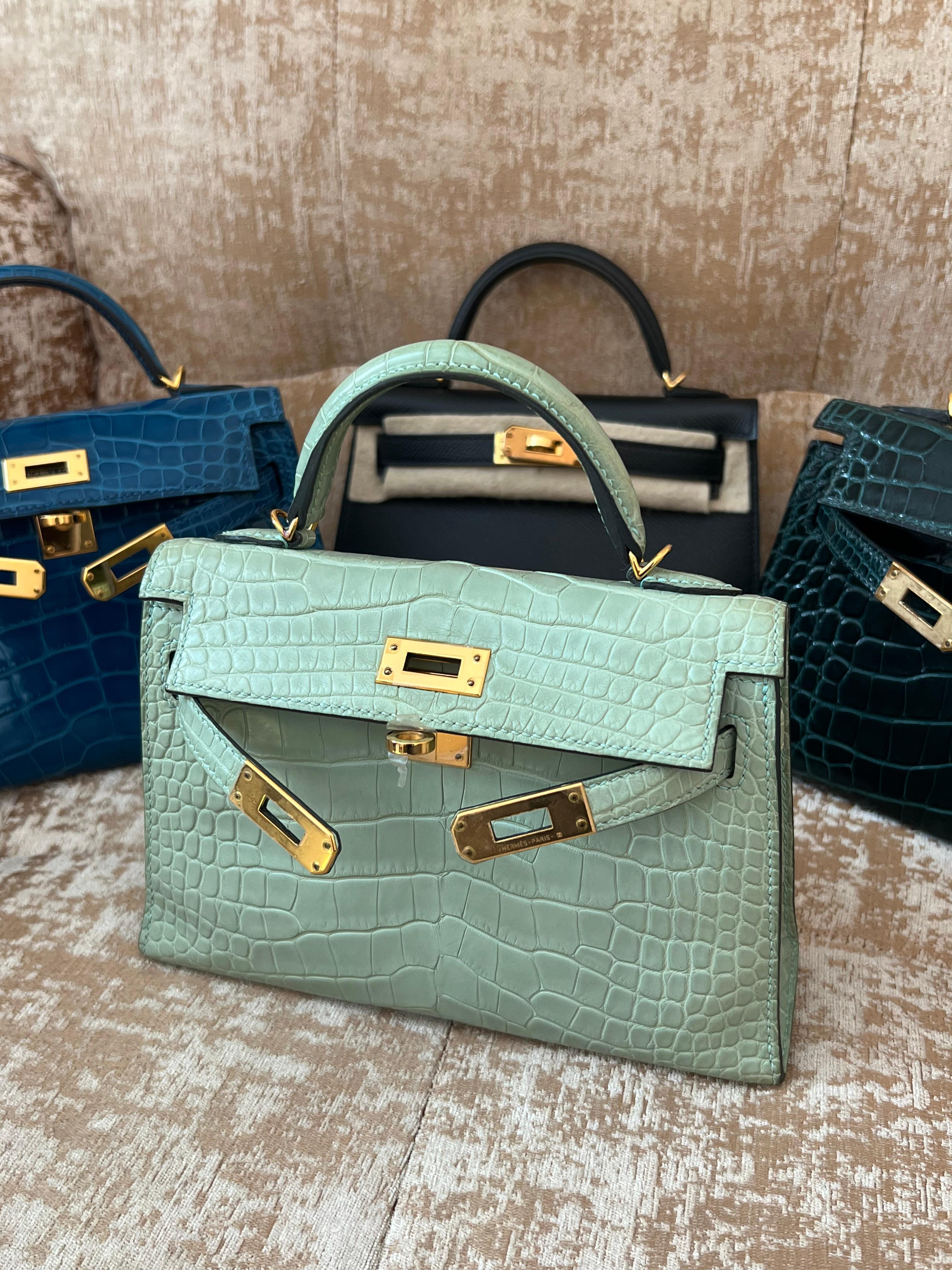 Hermes Mini Kelly II 20 Vert d'eau Borsa in alligatore opaco GHW in vendita 3