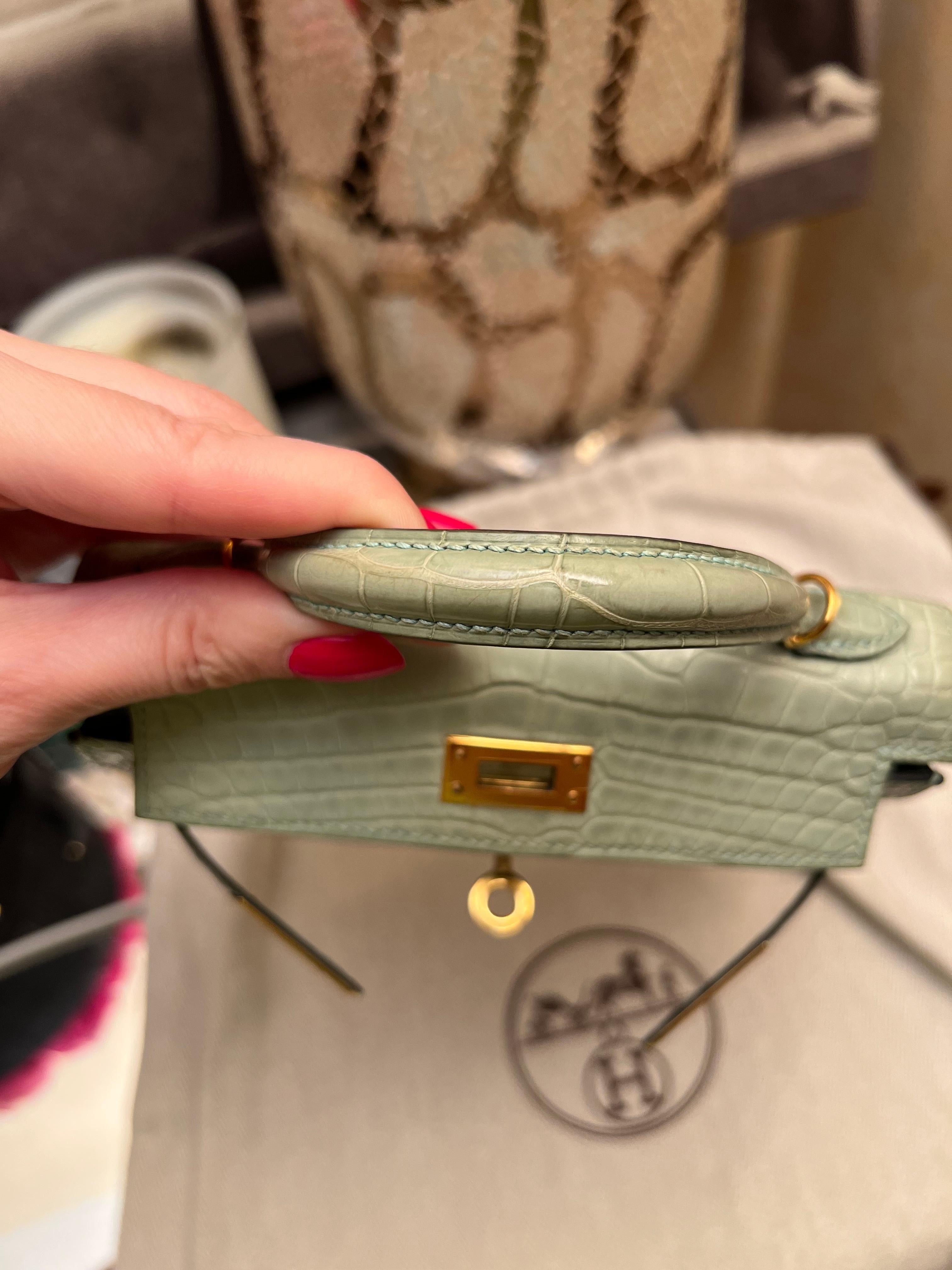 Hermes Mini Kelly II 20 Vert d'eau Borsa in alligatore opaco GHW in vendita 4